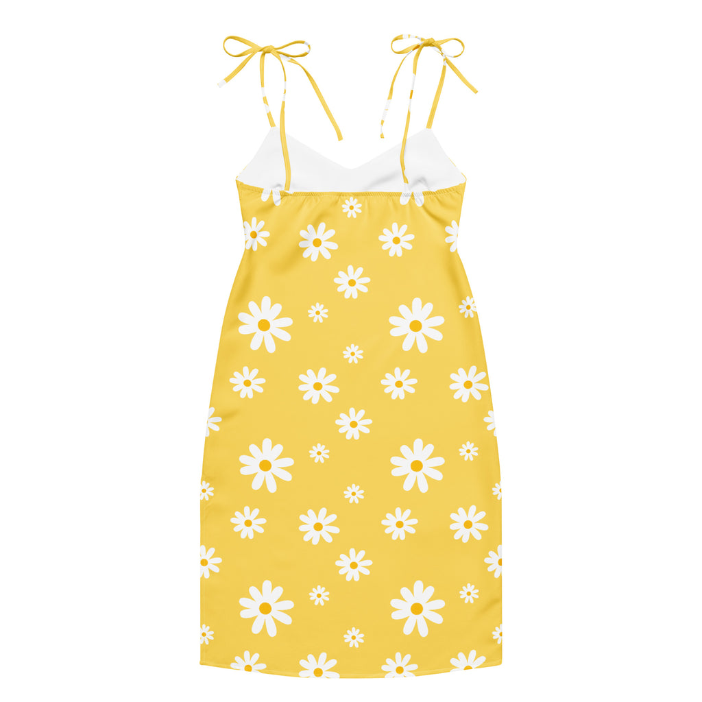 Women’s yellow midi slip dress with white daisy prints adjustable tie straps and built in bra
