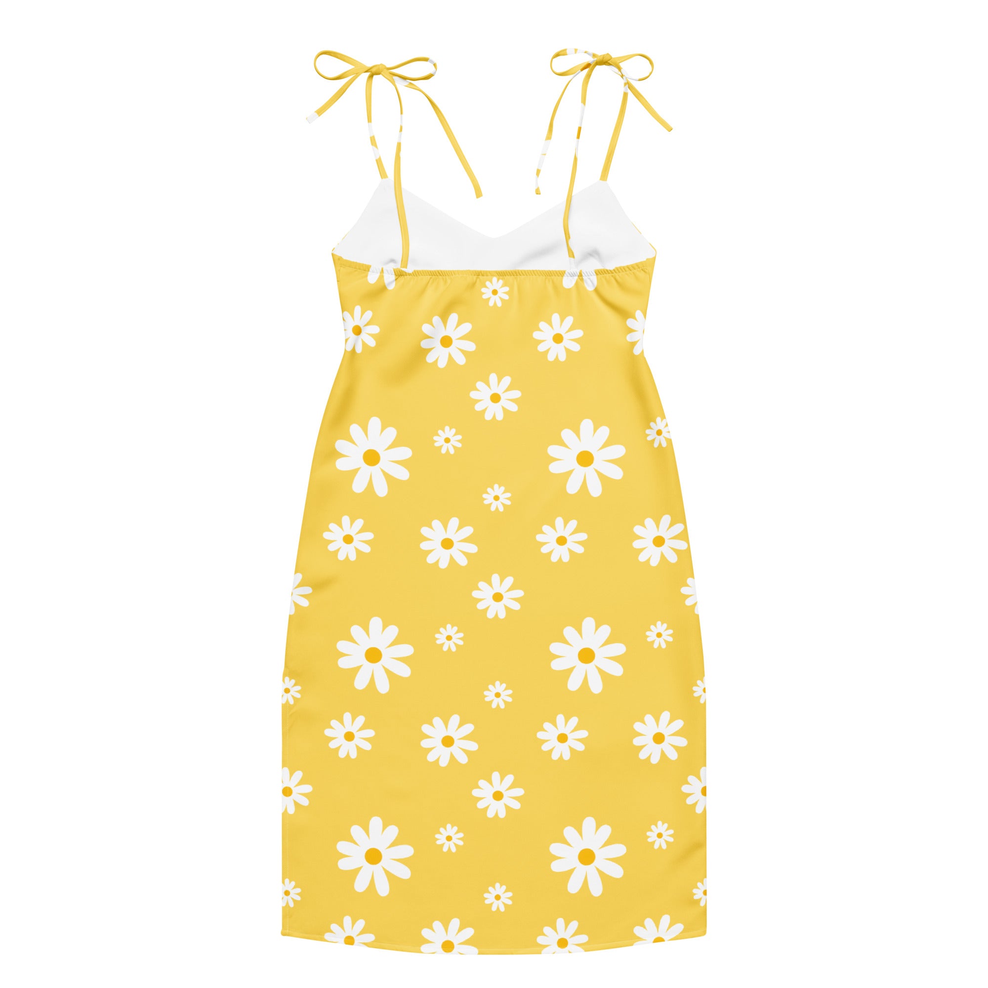 Women’s yellow midi slip dress with white daisy prints adjustable tie straps and built in bra