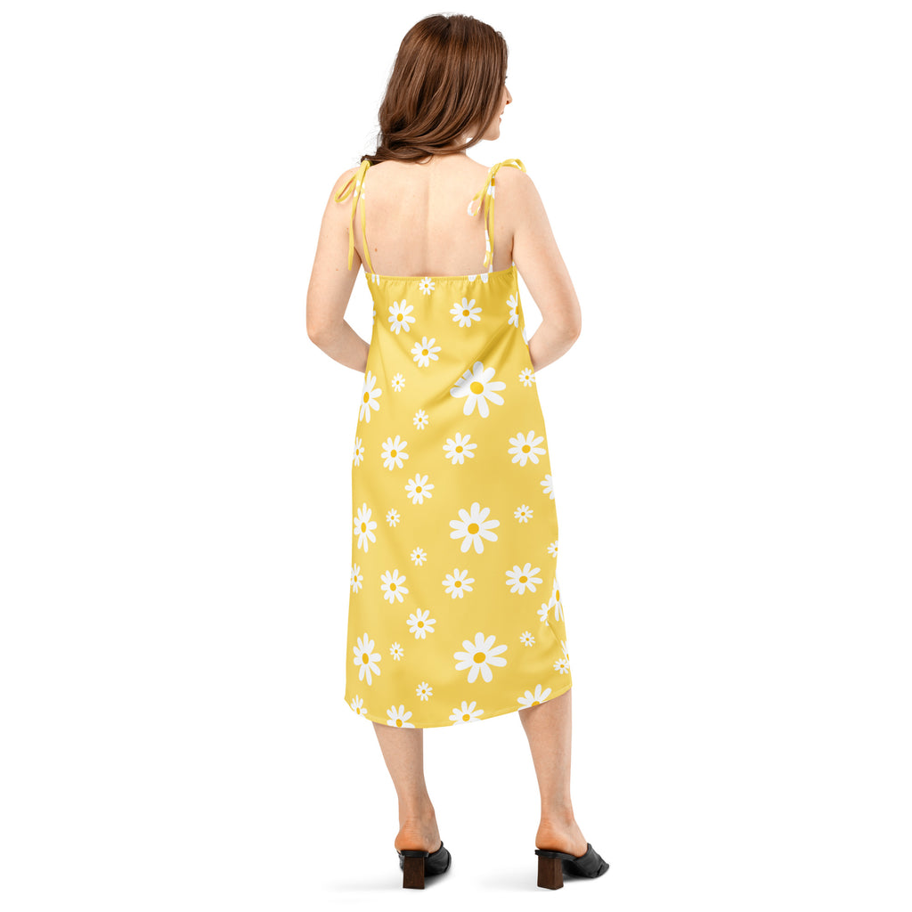 Yellow daisy slip midi dress with thin adjustable tie-back straps and built in bra for women