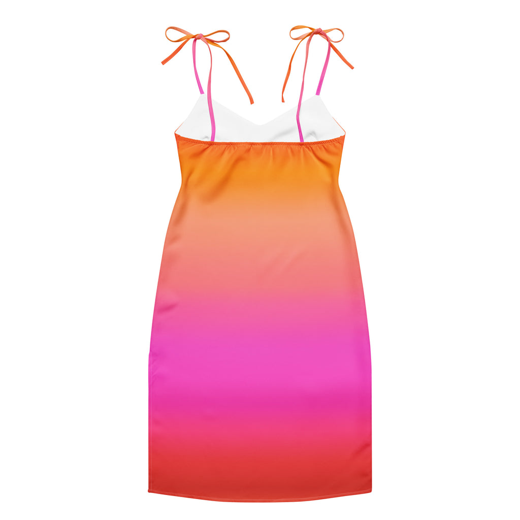 Women’s sunset ombre slip midi dress with vibrant orange pink red gradient and adjustable tie straps with built in bra