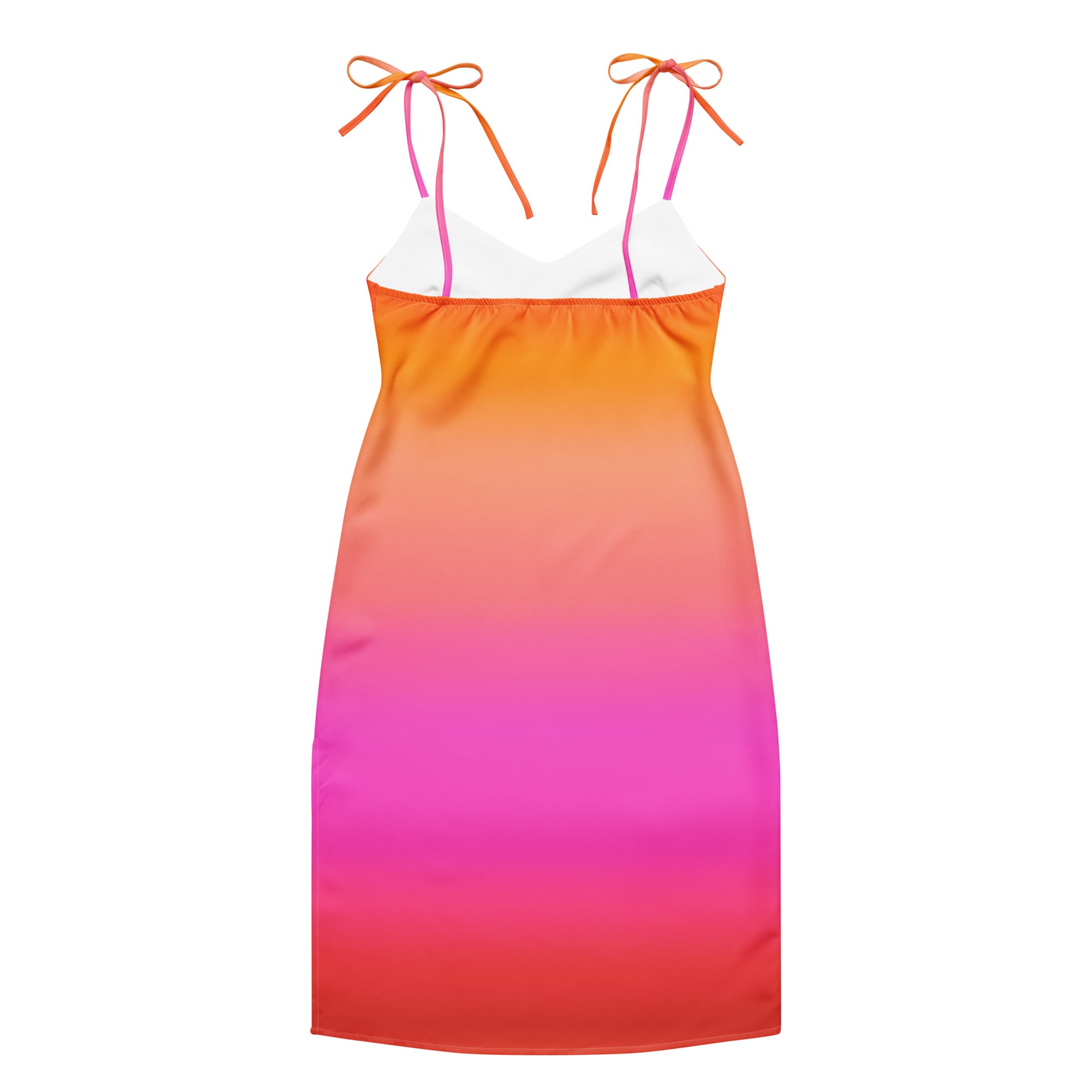 Women’s sunset ombre slip midi dress with vibrant orange pink red gradient and adjustable tie straps with built in bra