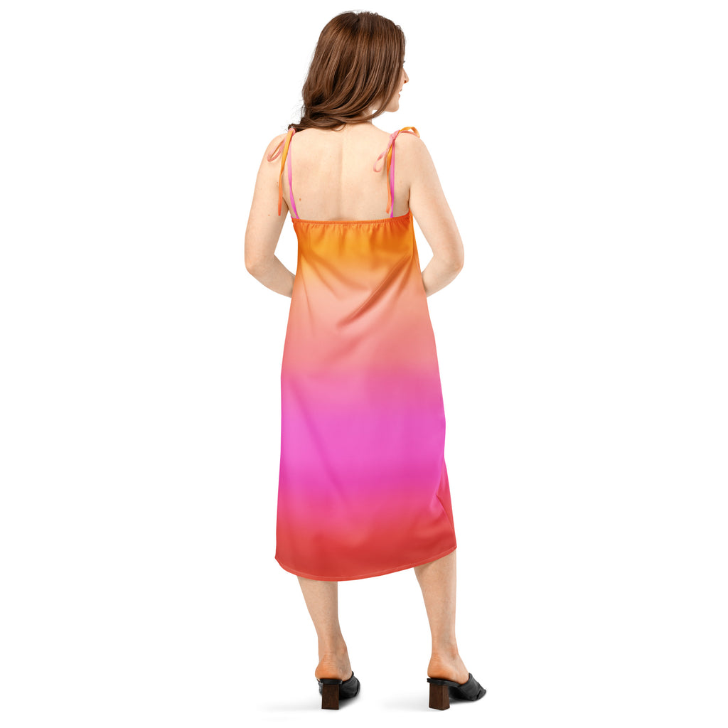 Women’s sunset ombre slip dress midi dress with adjustable tie straps flowing satin orange to pink gradient