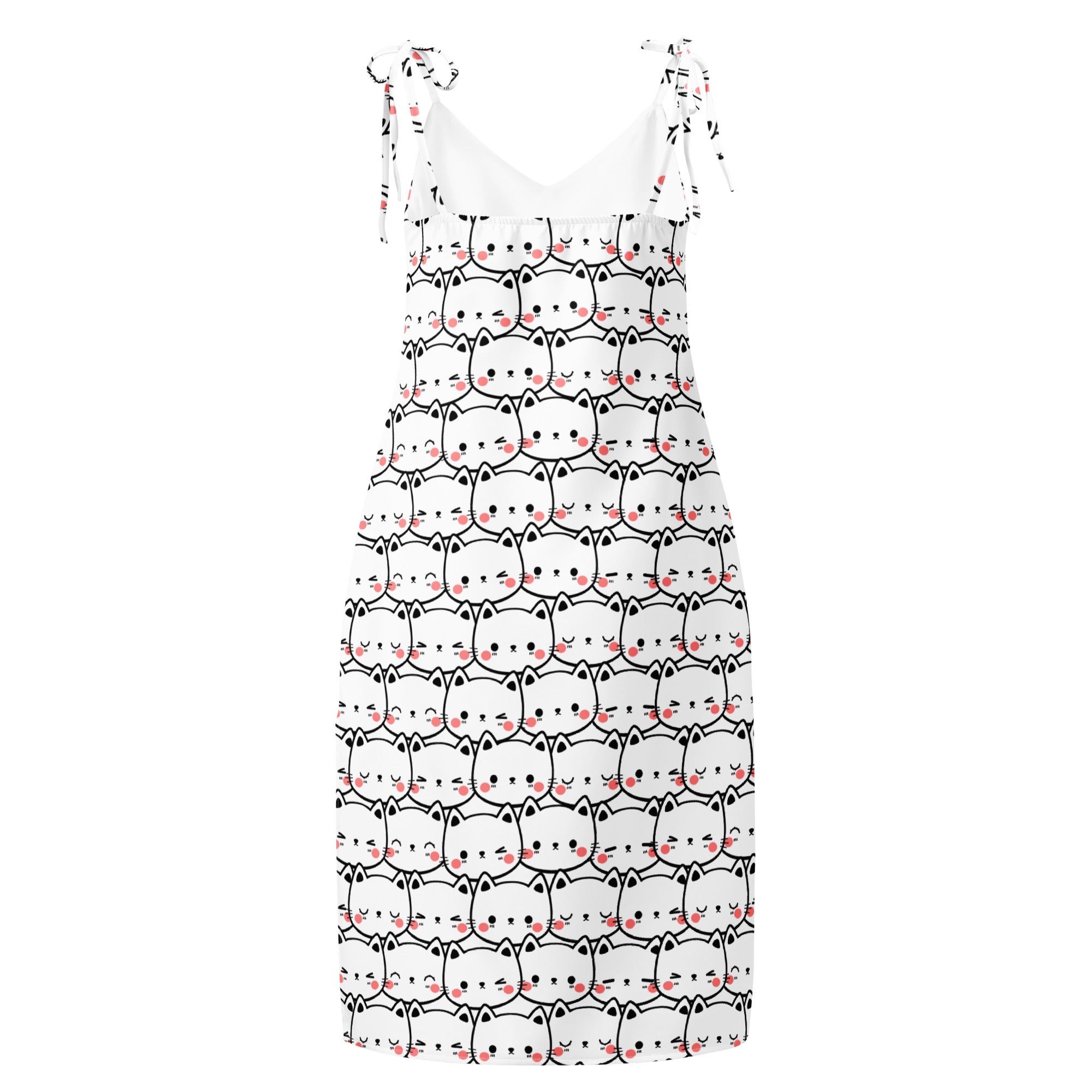 White sleeveless midi slip dress with black and pink cartoon cat faces and adjustable tie straps with built in bra