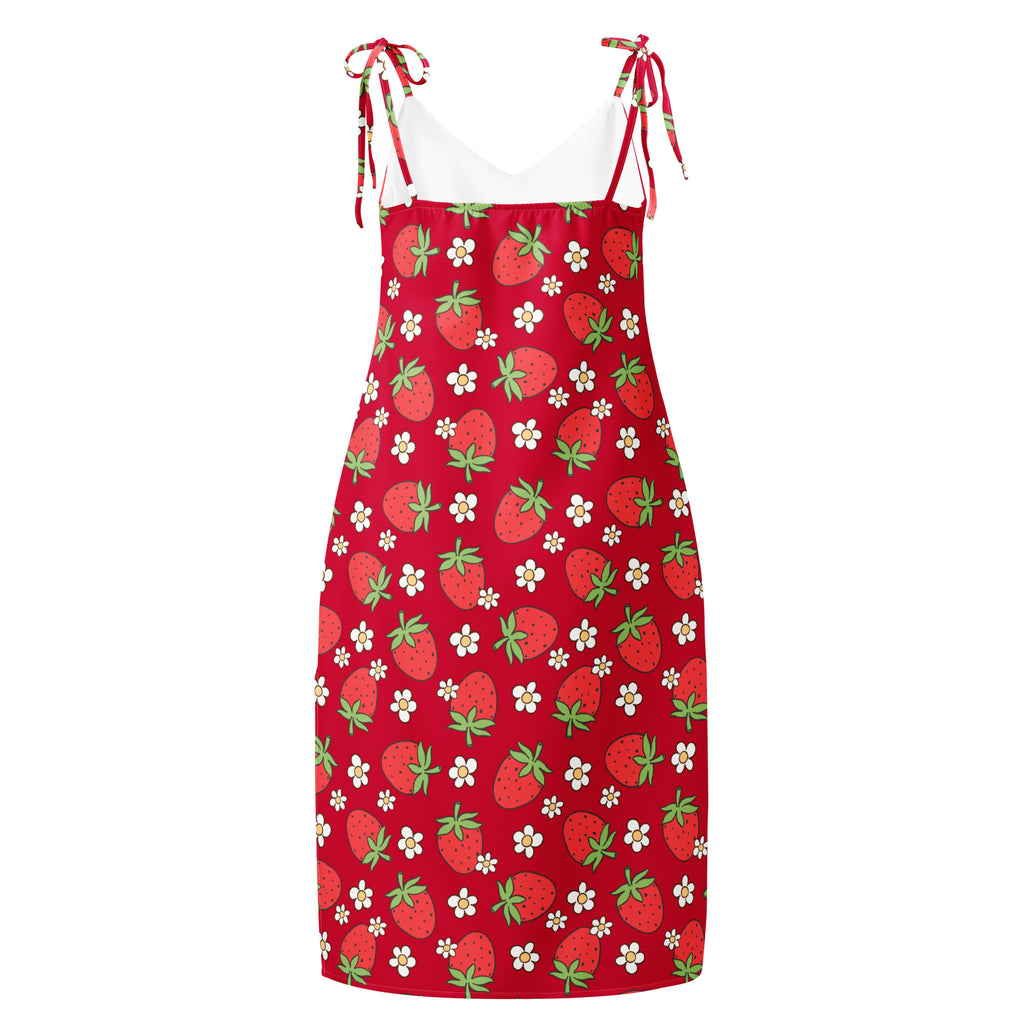 Women’s red strawberry slip dress midi dress with adjustable tie straps and built in bra featuring vibrant print