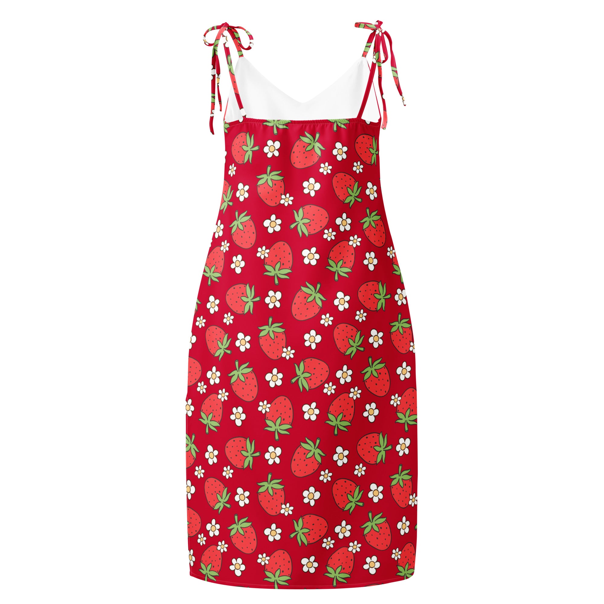 Women’s red strawberry slip dress midi dress with adjustable tie straps and built in bra featuring vibrant print