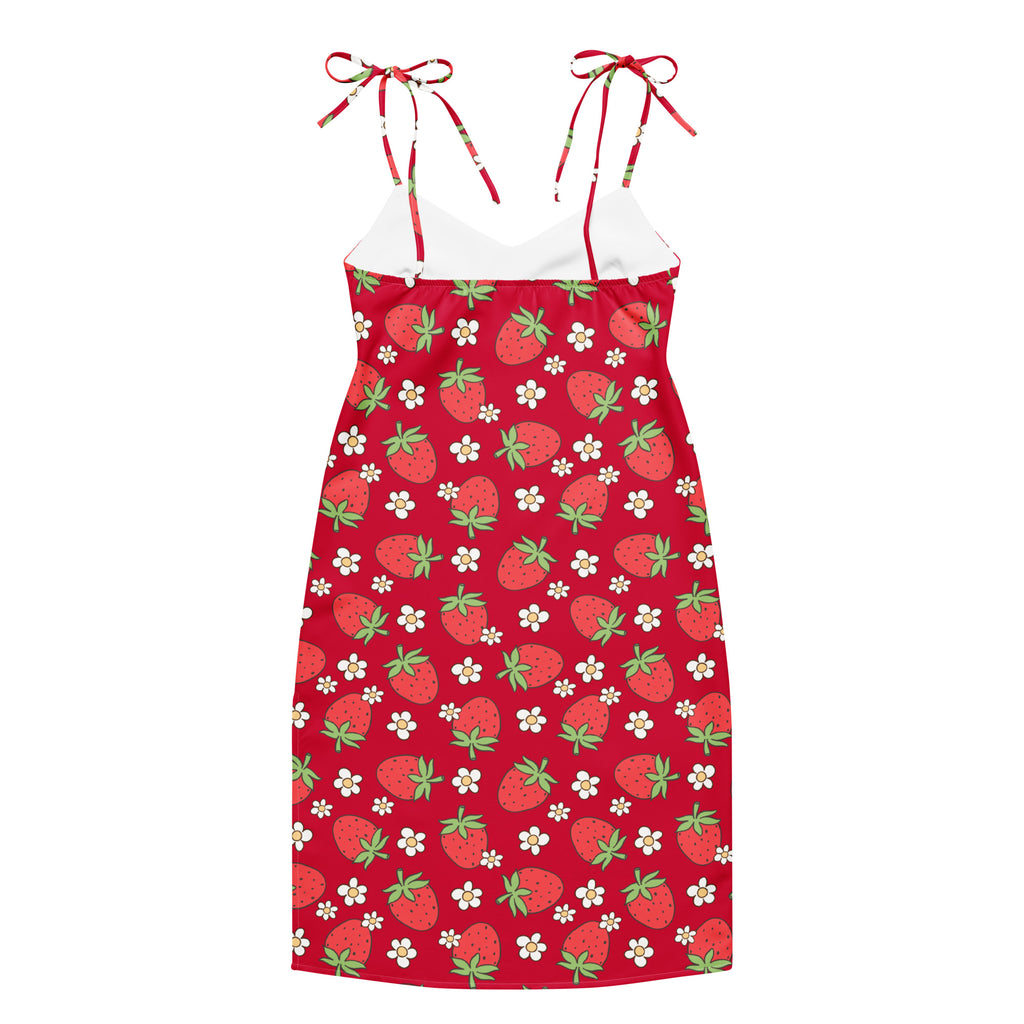 Women’s red strawberry slip dress with white flower print midi dress featuring adjustable tie straps and built in bra