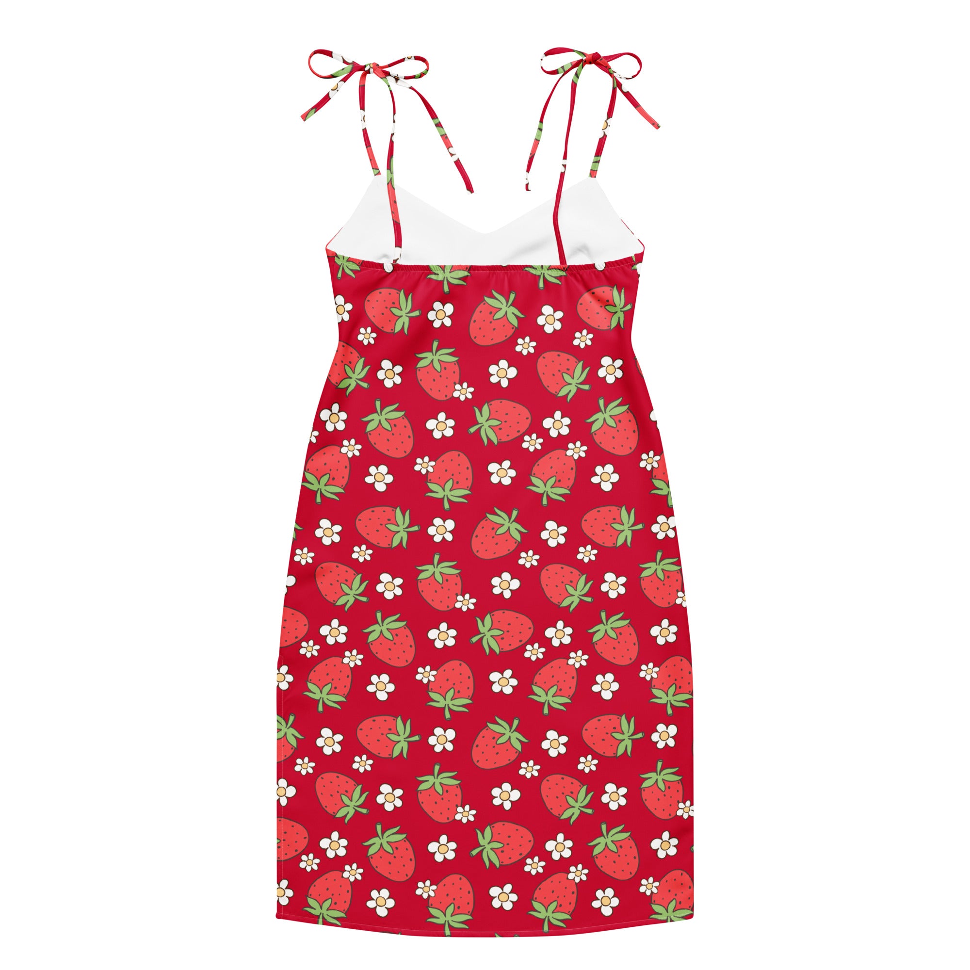 Women’s red strawberry slip dress with white flower print midi dress featuring adjustable tie straps and built in bra