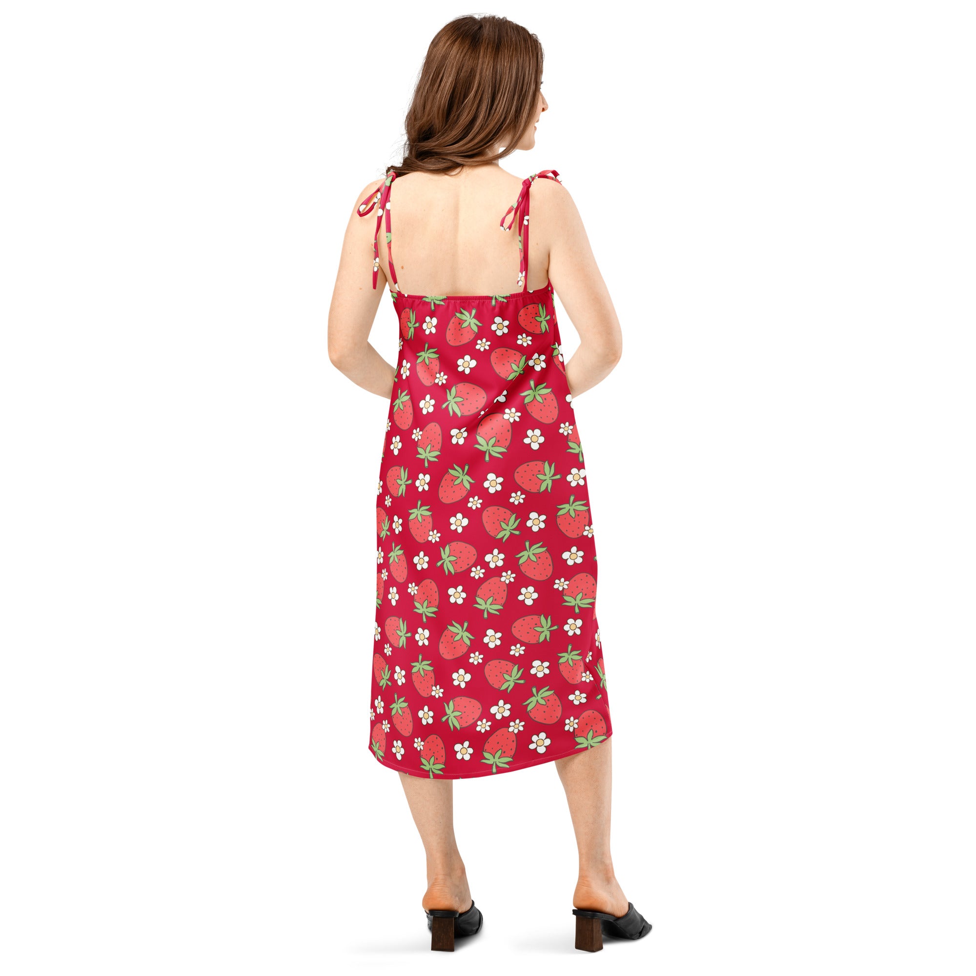 Women’s red strawberry print midi slip dress with adjustable thin tie back straps and built in bra