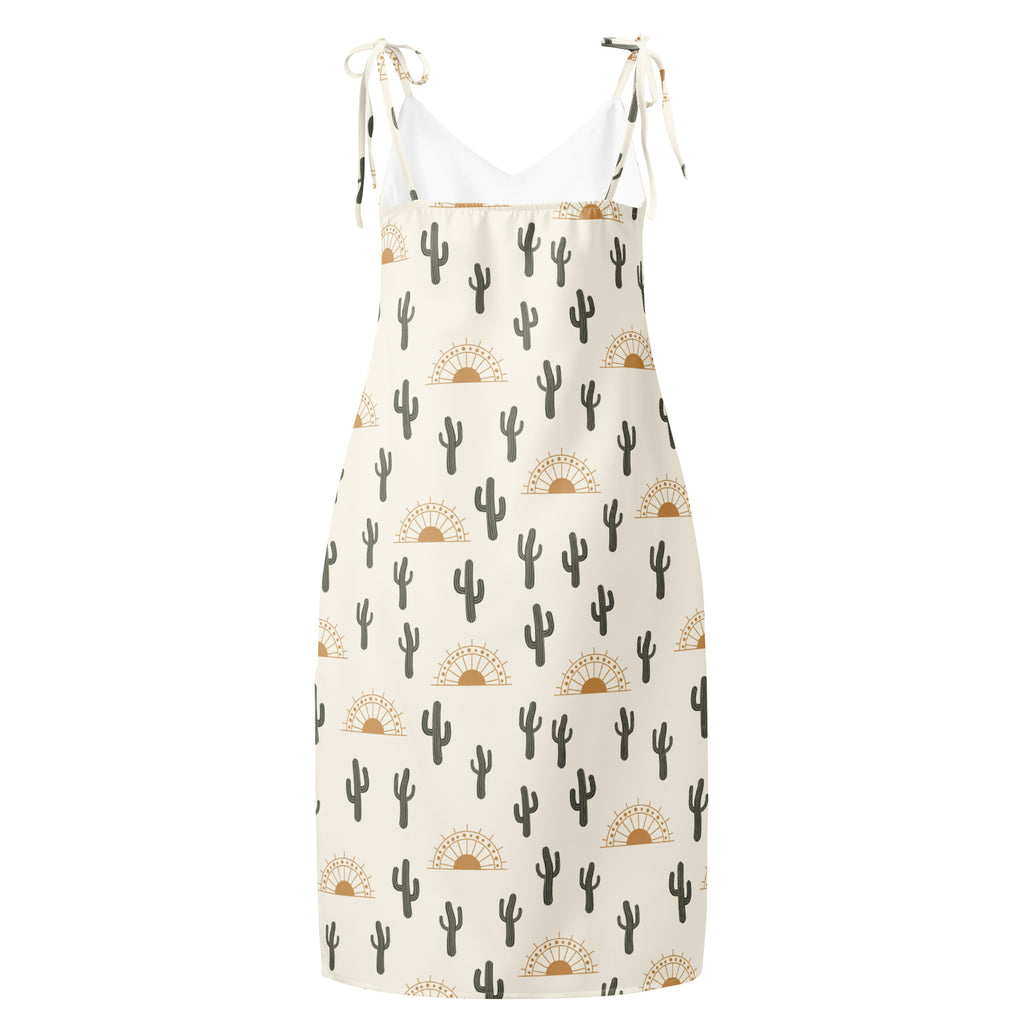 Women’s desert cactus sunrise slip dress cream with black cacti gold sunburst pattern and adjustable tie straps