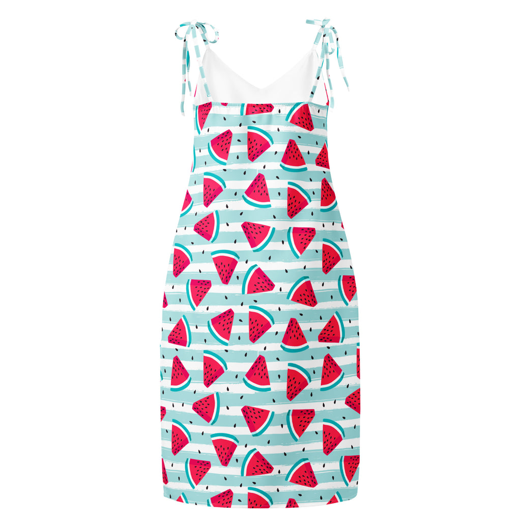 Women’s watermelon stripe slip midi dress with adjustable tie straps and playful red slice pattern on light blue stripes