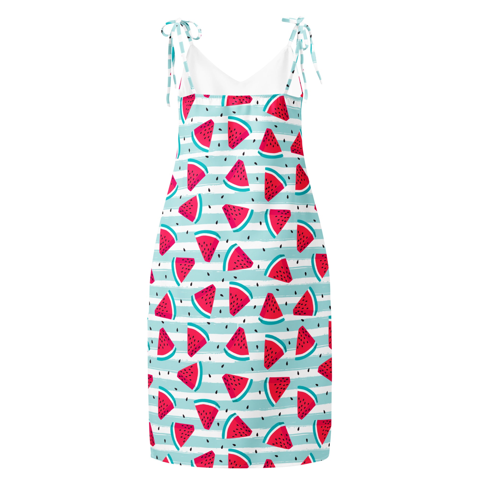 Women’s watermelon stripe slip midi dress with adjustable tie straps and playful red slice pattern on light blue stripes