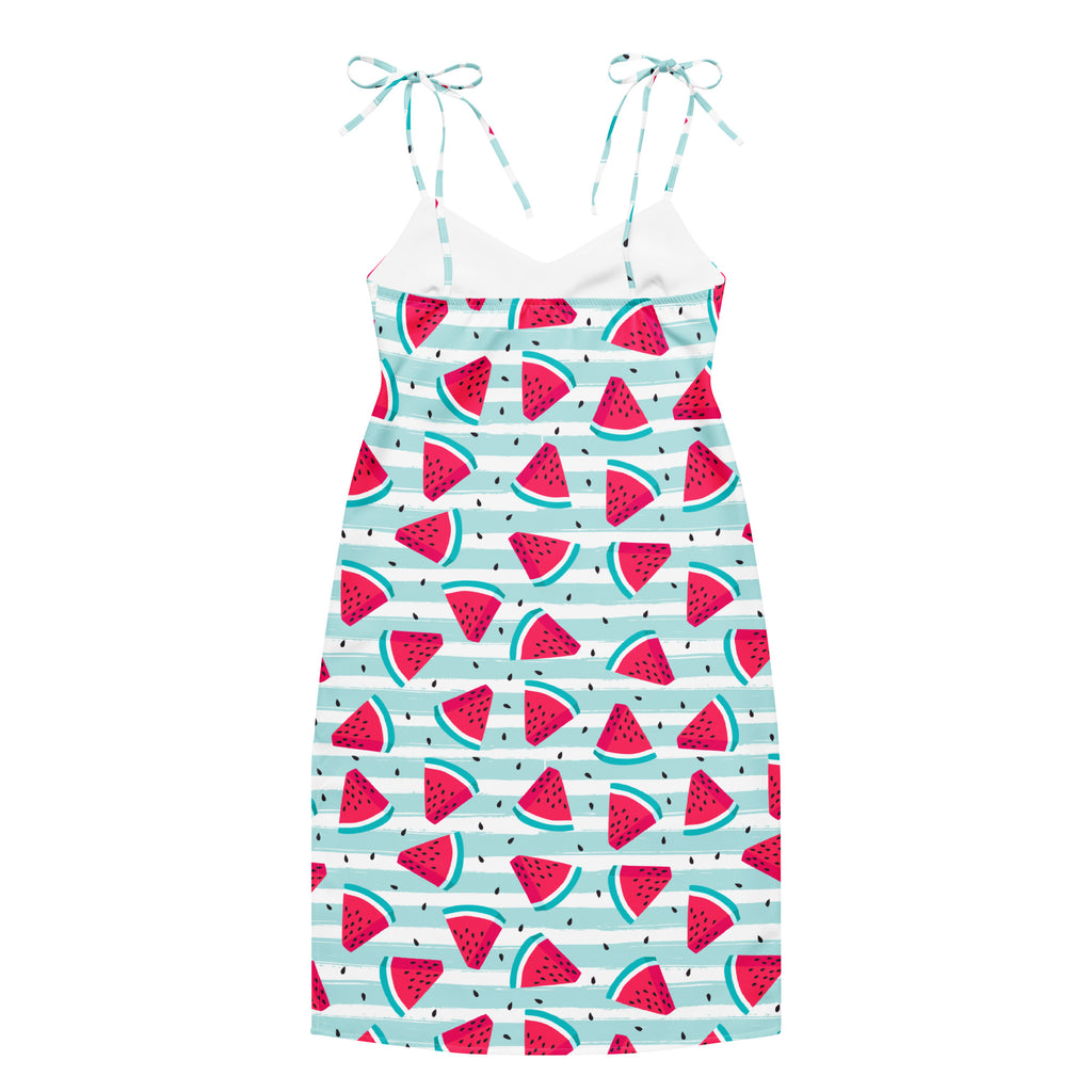 Women’s watermelon stripe slip dress midi dress with adjustable tie straps and built in bra in vibrant red and blue