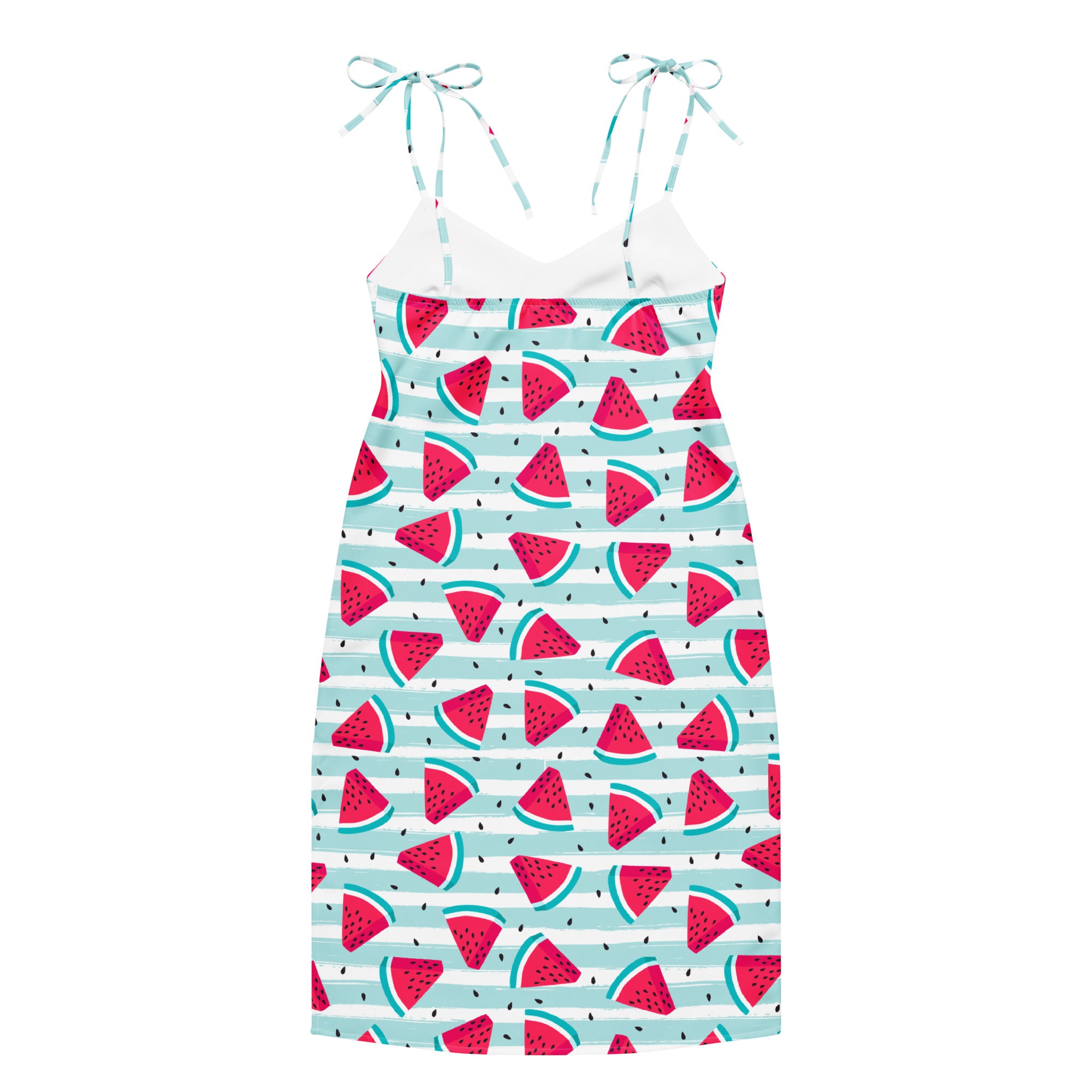 Women’s watermelon stripe slip dress midi dress with adjustable tie straps and built in bra in vibrant red and blue