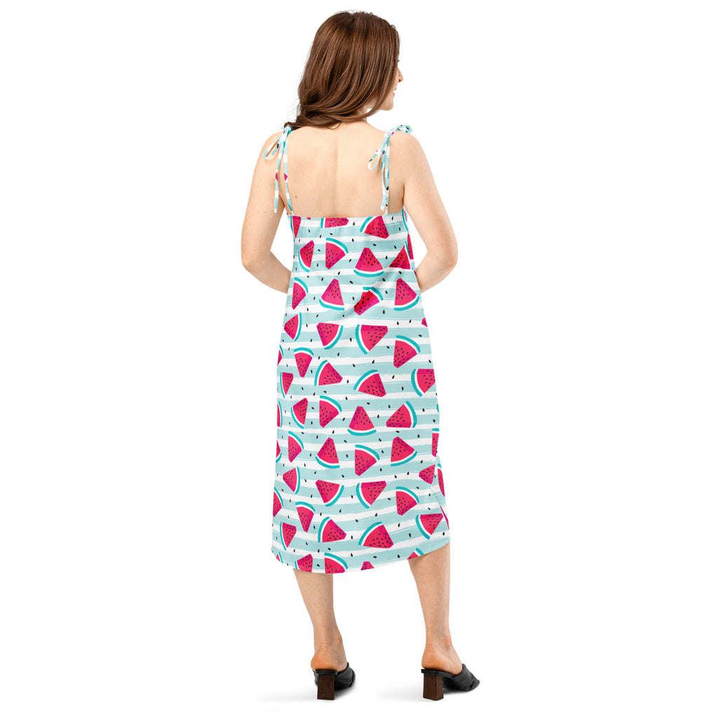 Women’s midi slip dress with playful watermelon pattern on light blue and white stripes with adjustable tie straps