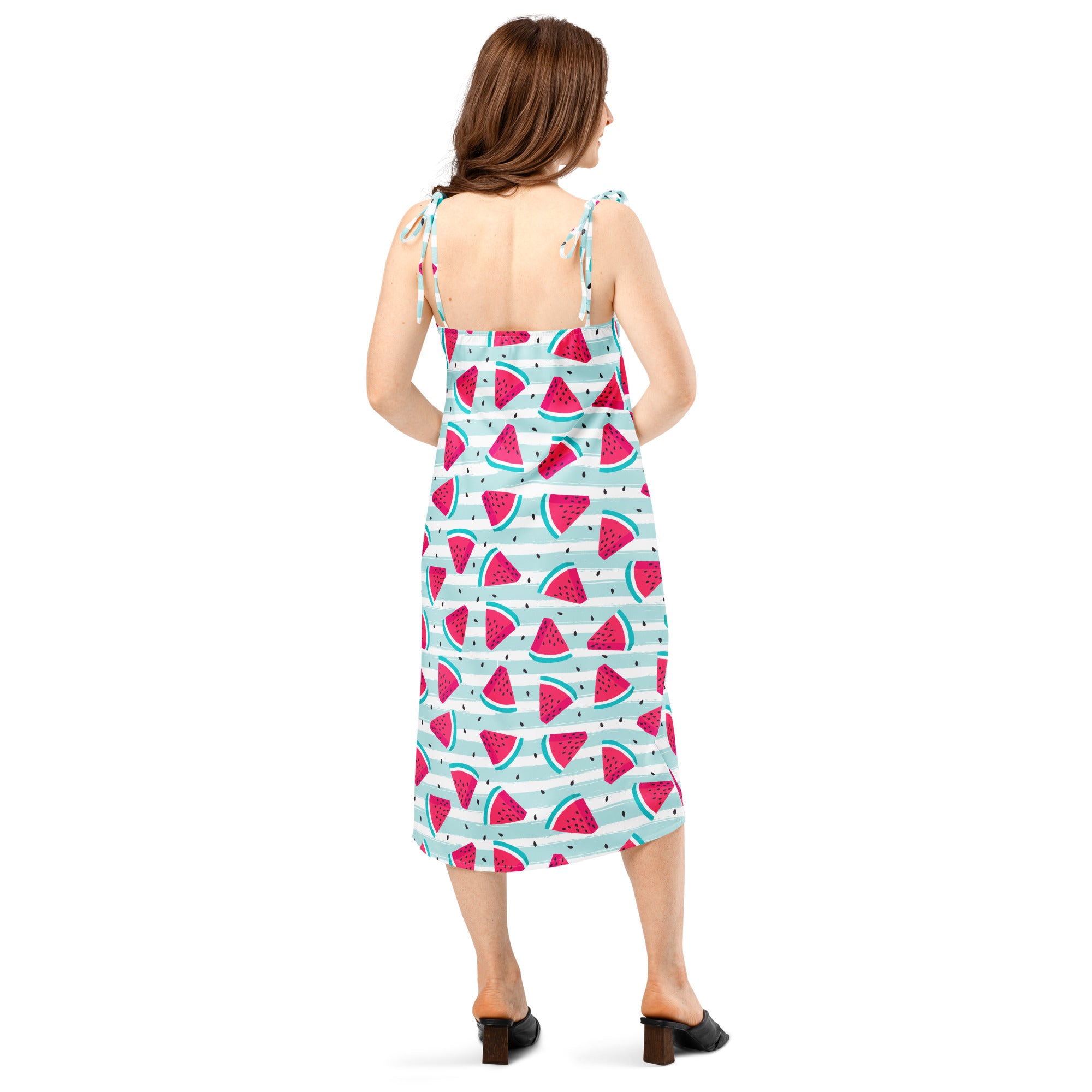 Women’s midi slip dress with playful watermelon pattern on light blue and white stripes with adjustable tie straps