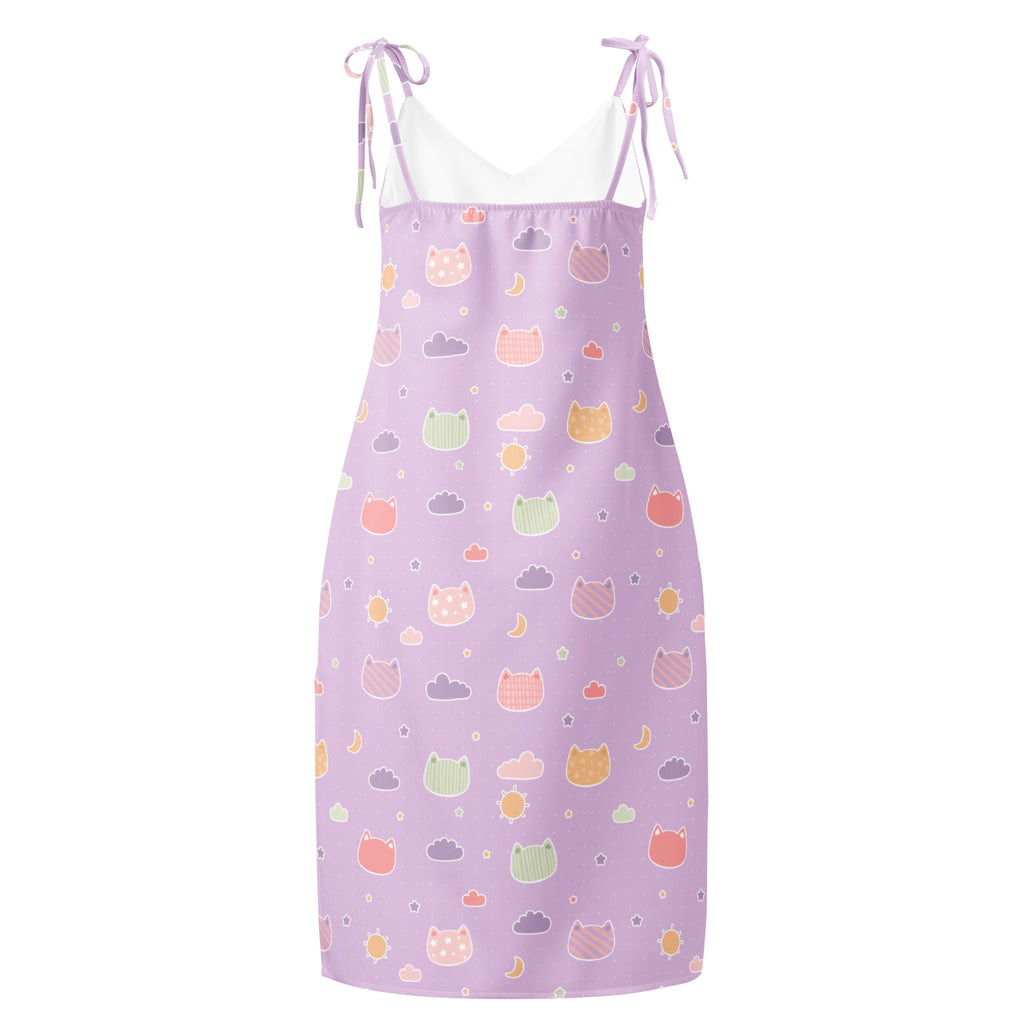 Women’s pastel purple kawaii cats clouds midi slip dress with adjustable tie straps and built in bra featuring playful pattern