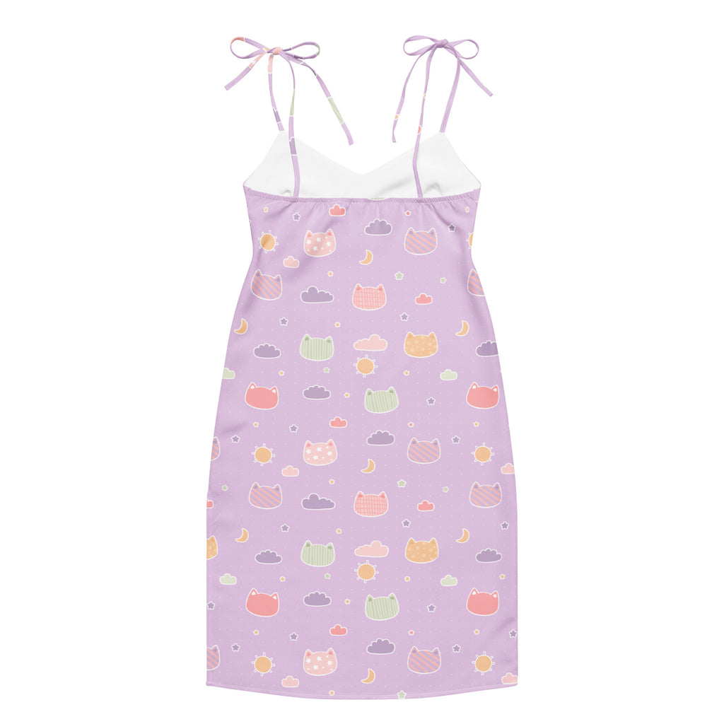 Lavender slip dress with adjustable tie straps featuring pastel cats clouds and moons pattern for women