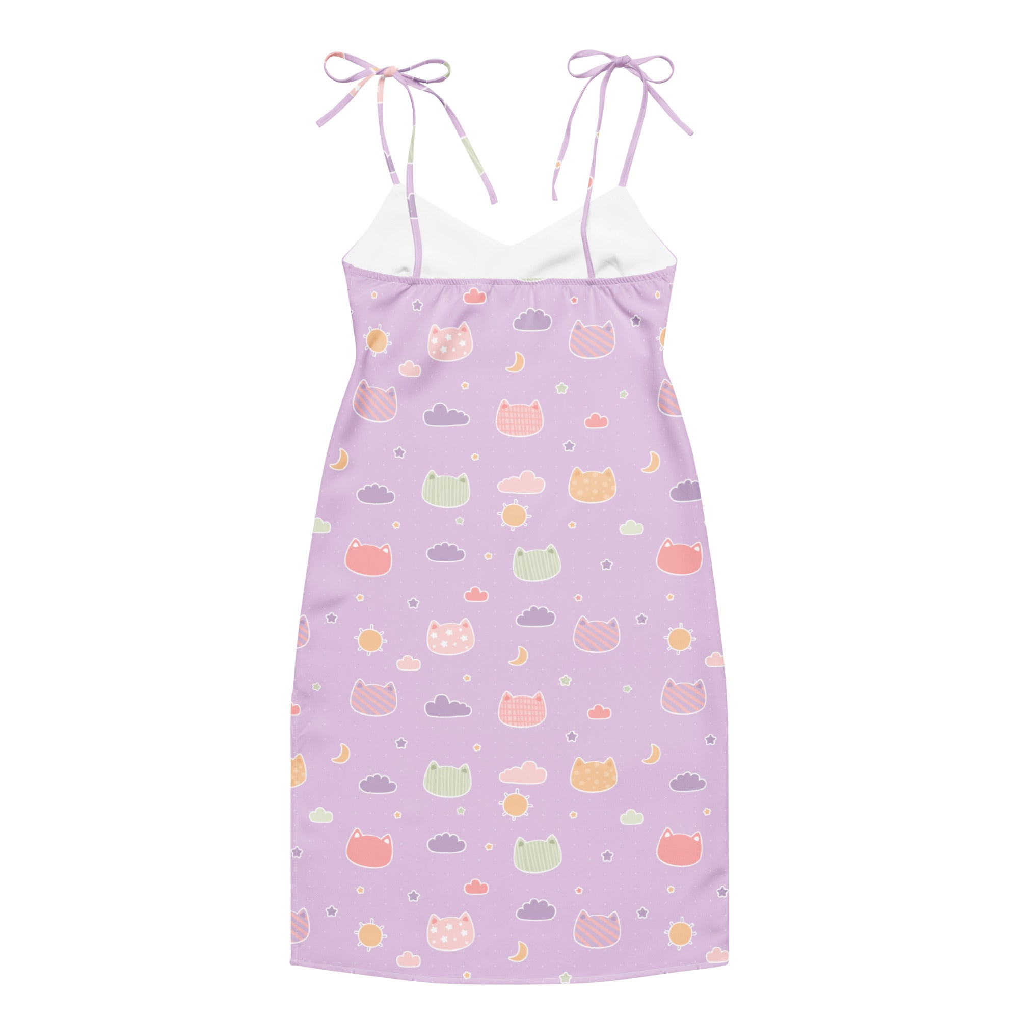 Lavender slip dress with adjustable tie straps featuring pastel cats clouds and moons pattern for women