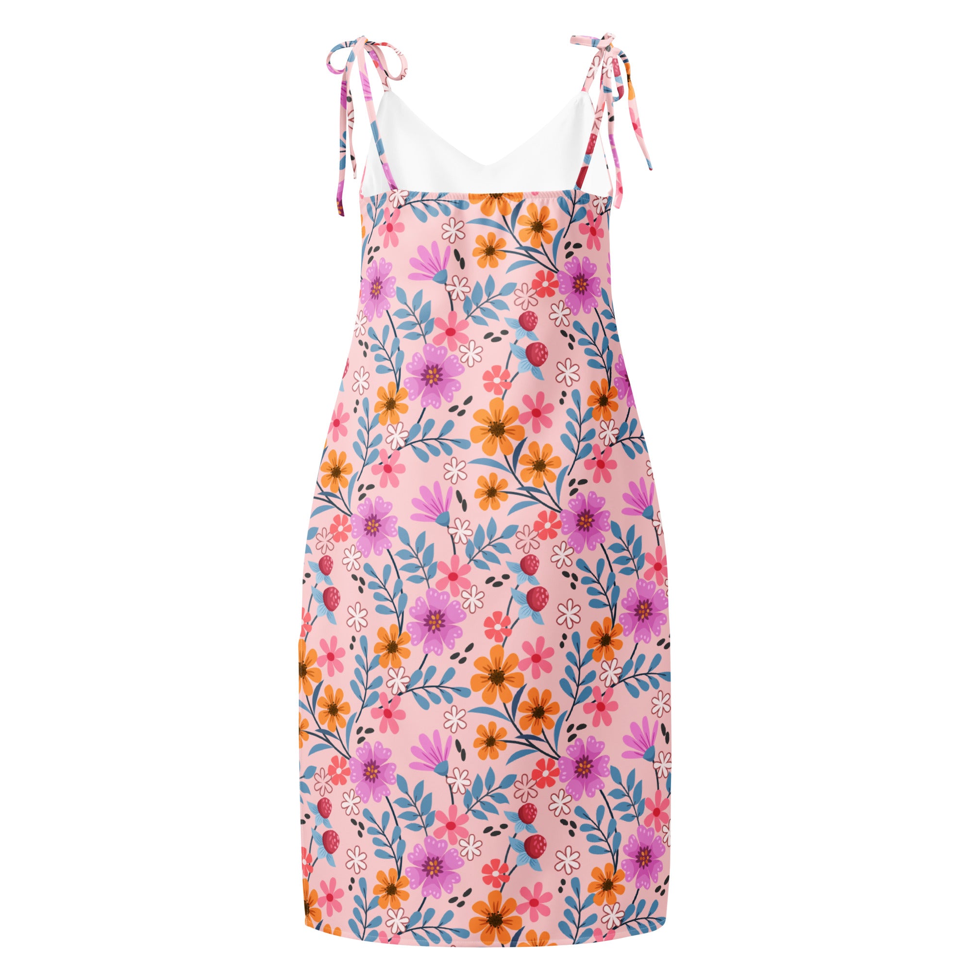 A pink floral print midi slip dress with adjustable tie straps and a fitted silhouette for women