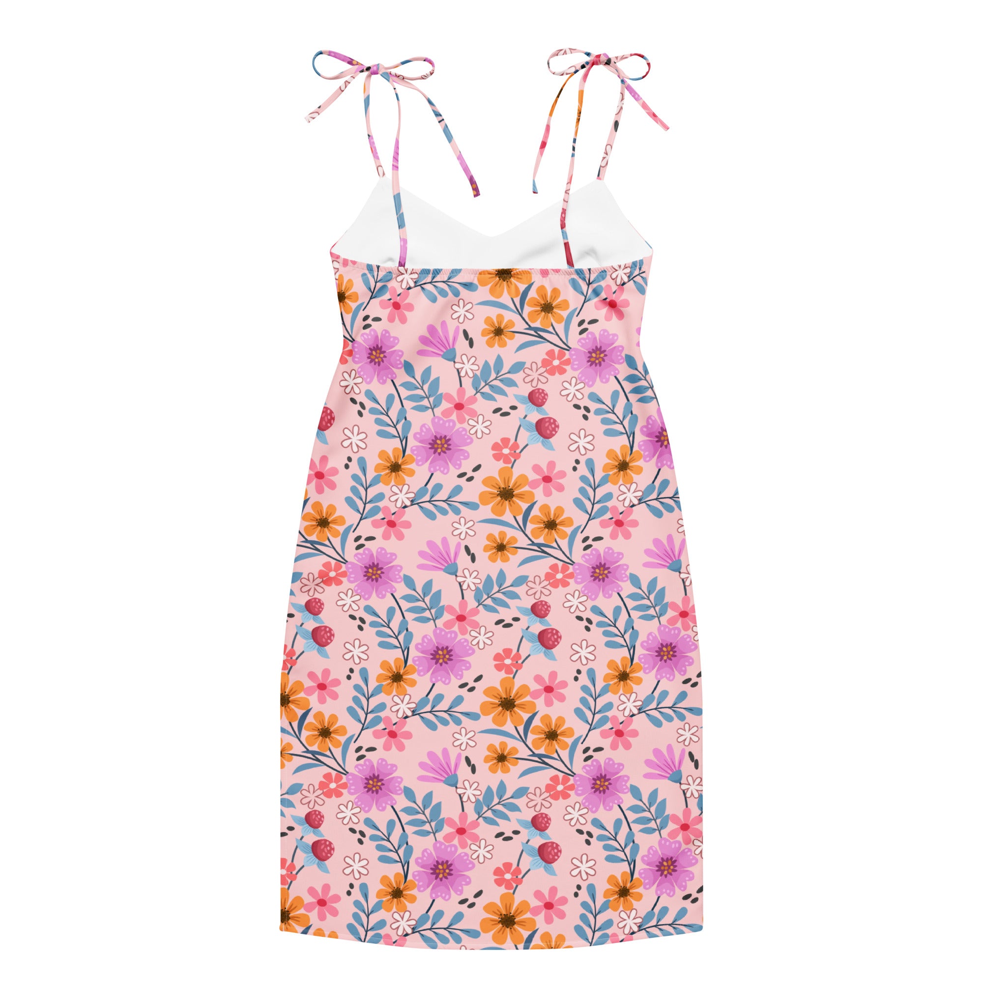 Women’s pink floral slip midi dress with adjustable tie-back straps and fitted silhouette features built-in bra