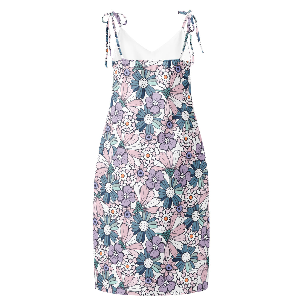 Women’s pastel floral slip dress midi dress with adjustable tie straps soft pink purple and blue on white background