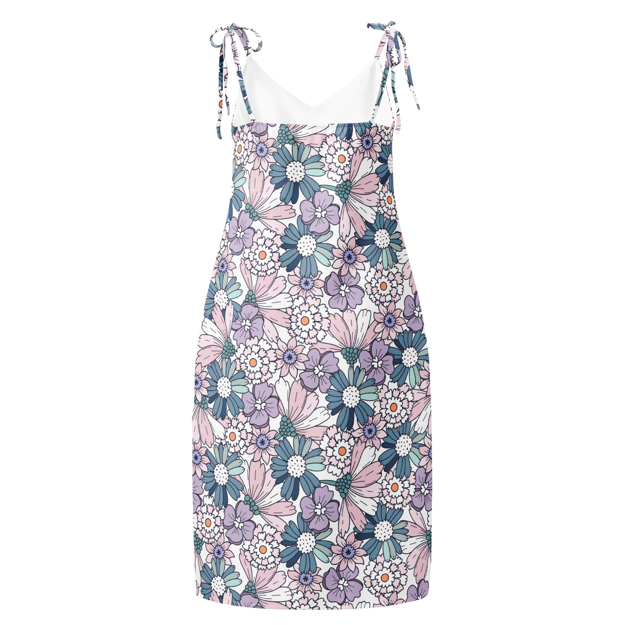 Women’s pastel floral slip dress midi dress with adjustable tie straps soft pink purple and blue on white background