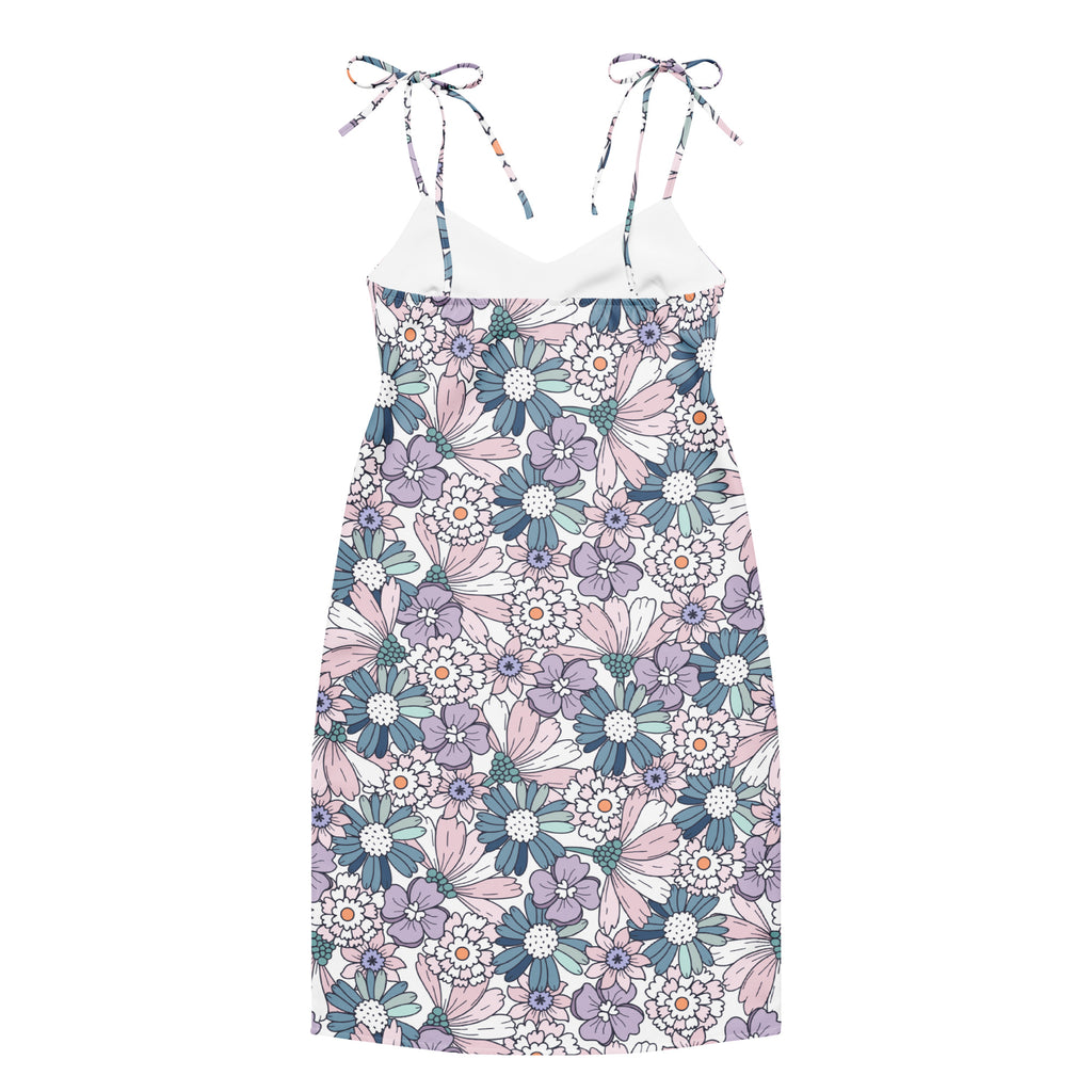 Women’s pastel floral slip dress midi dress with adjustable tie-back straps soft pink lavender teal blossoms on white