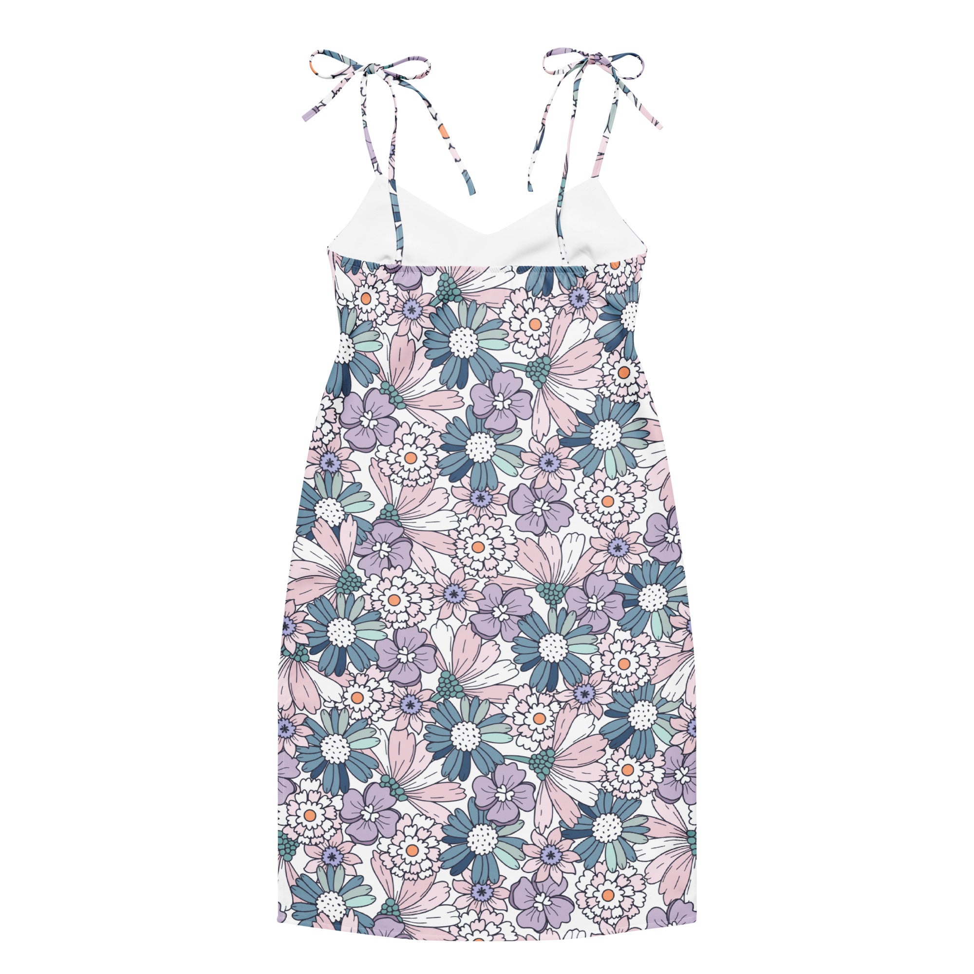 Women’s pastel floral slip dress midi dress with adjustable tie-back straps soft pink lavender teal blossoms on white
