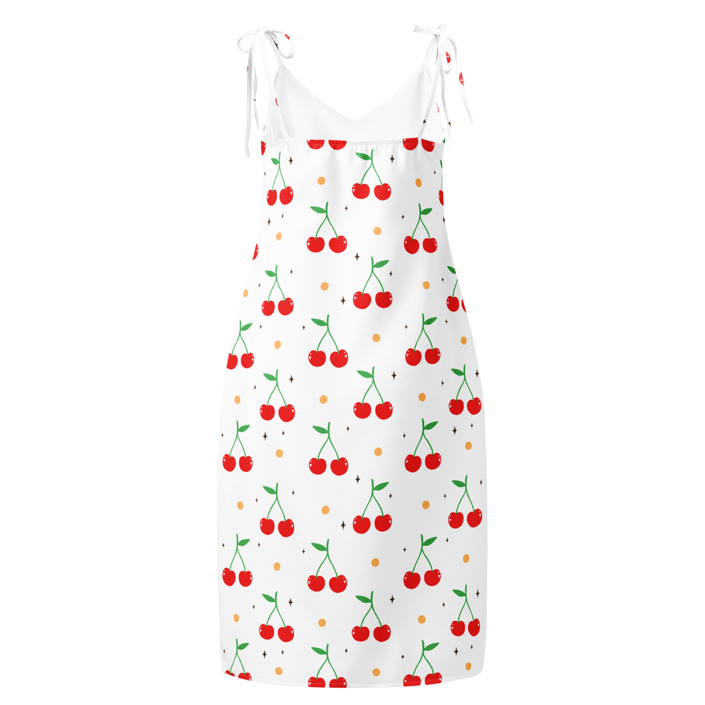 Women’s cherry print slip dress midi dress with adjustable tie straps white fabric red cherries green stems