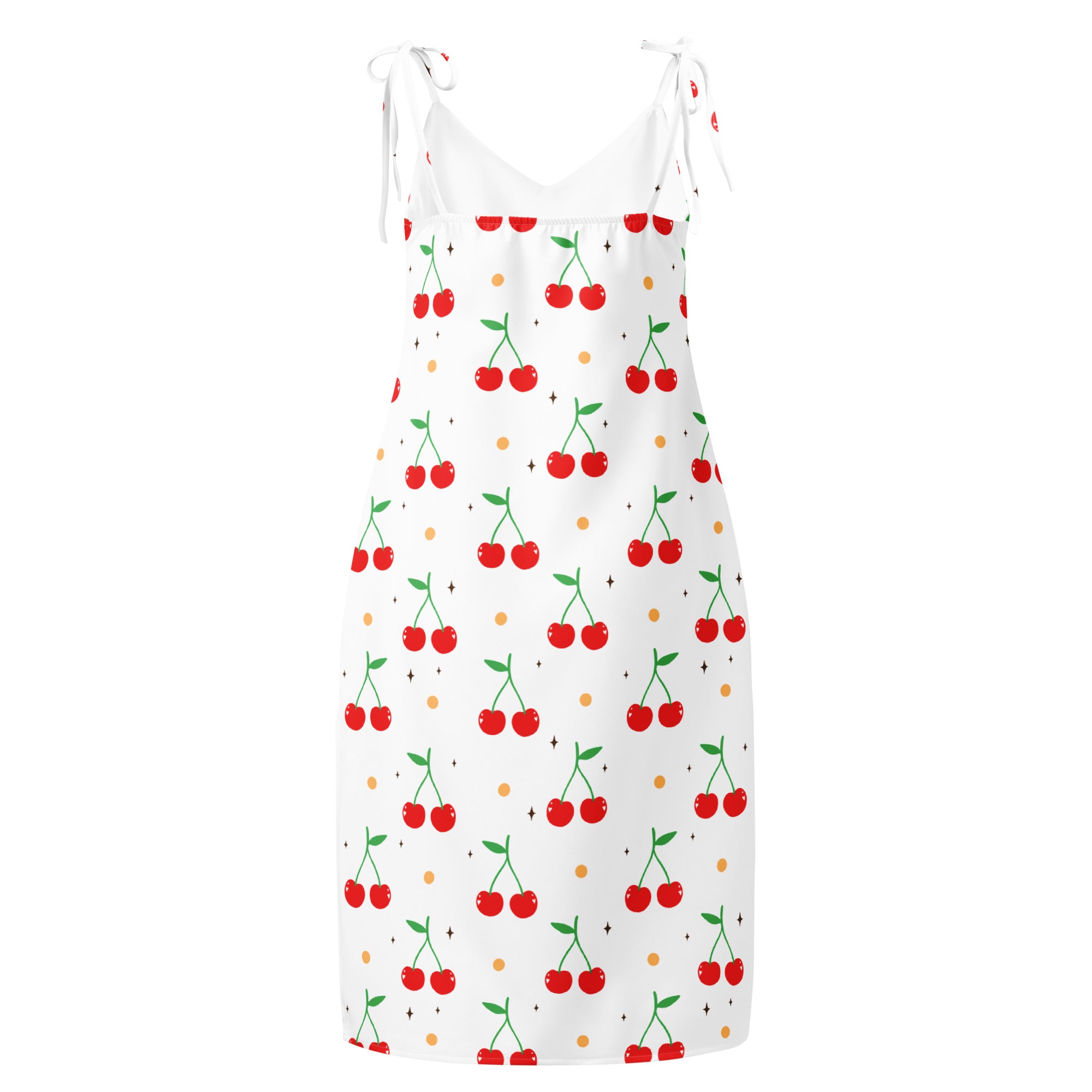 Women’s cherry print slip dress midi dress with adjustable tie straps white fabric red cherries green stems