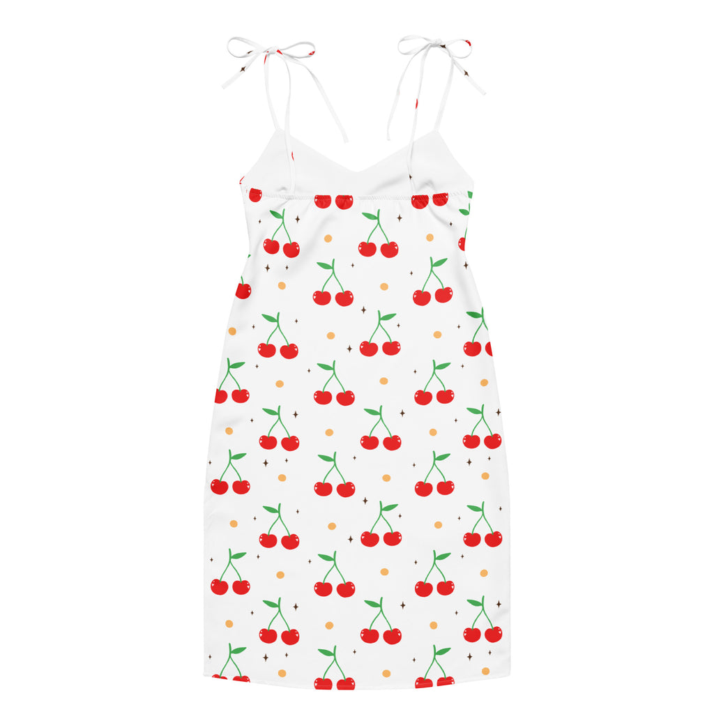 Women’s white cherry print slip midi dress with adjustable tie straps built in bra and small gold dots accents