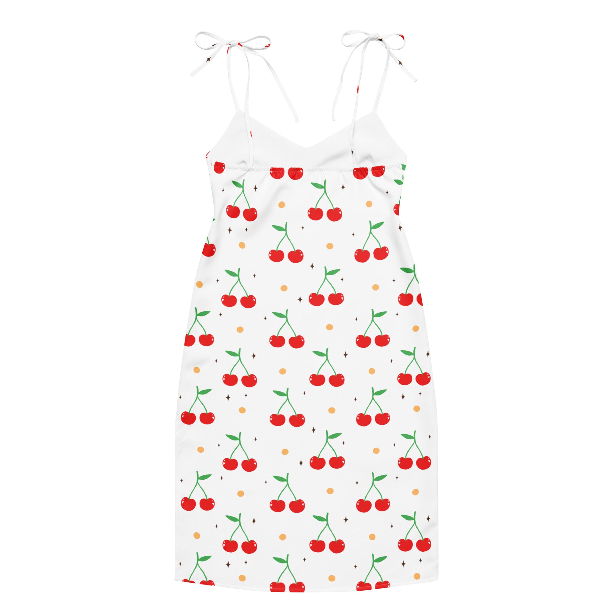 Women’s white cherry print slip midi dress with adjustable tie straps built in bra and small gold dots accents