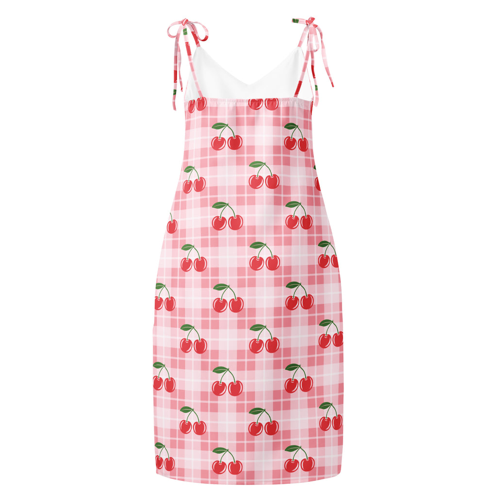Women’s pink cherry gingham slip midi dress with adjustable tie straps and built-in bra featuring red cherry prints
