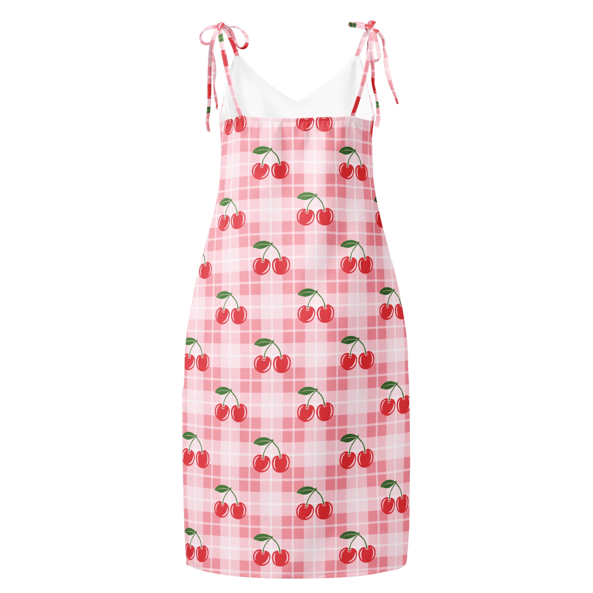 Women’s pink cherry gingham slip midi dress with adjustable tie straps and built-in bra featuring red cherry prints