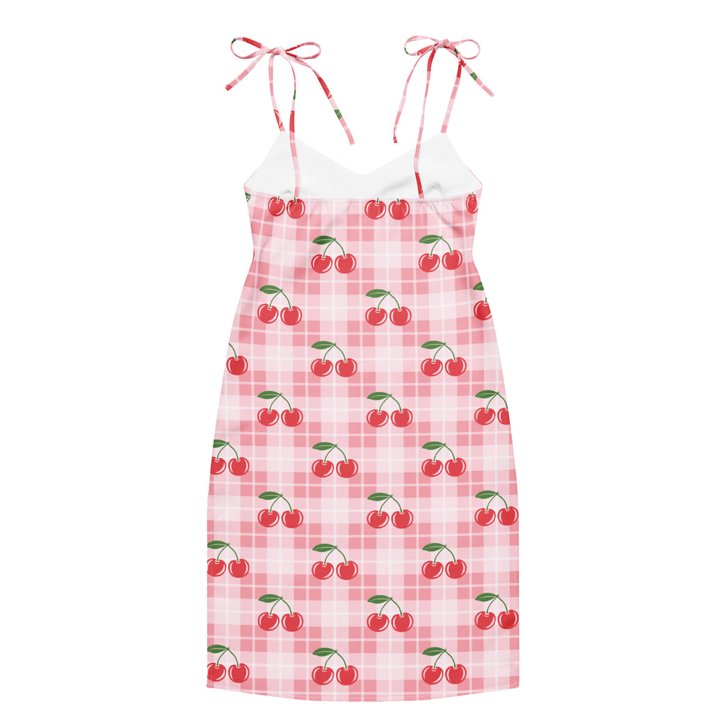 Women’s pink cherry gingham slip dress with red cherry prints and adjustable tie straps midi style with built in bra