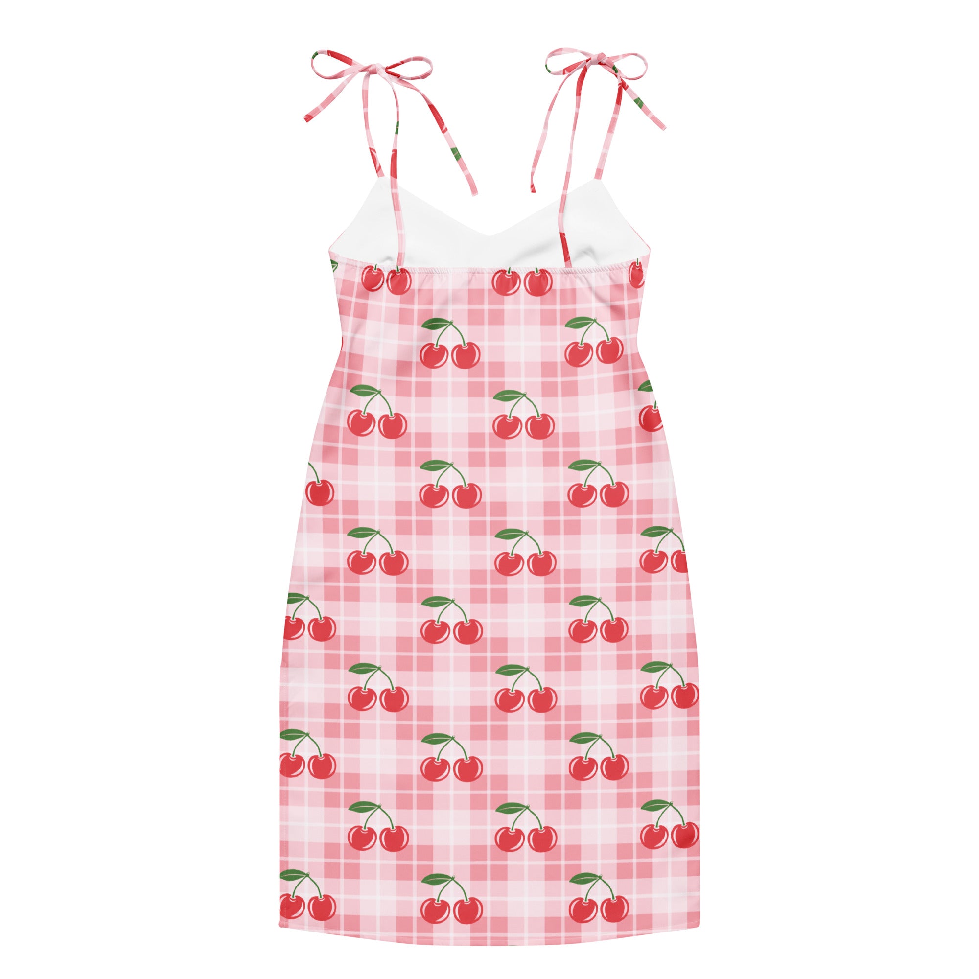 Women’s pink cherry gingham slip dress with red cherry prints and adjustable tie straps midi style with built in bra