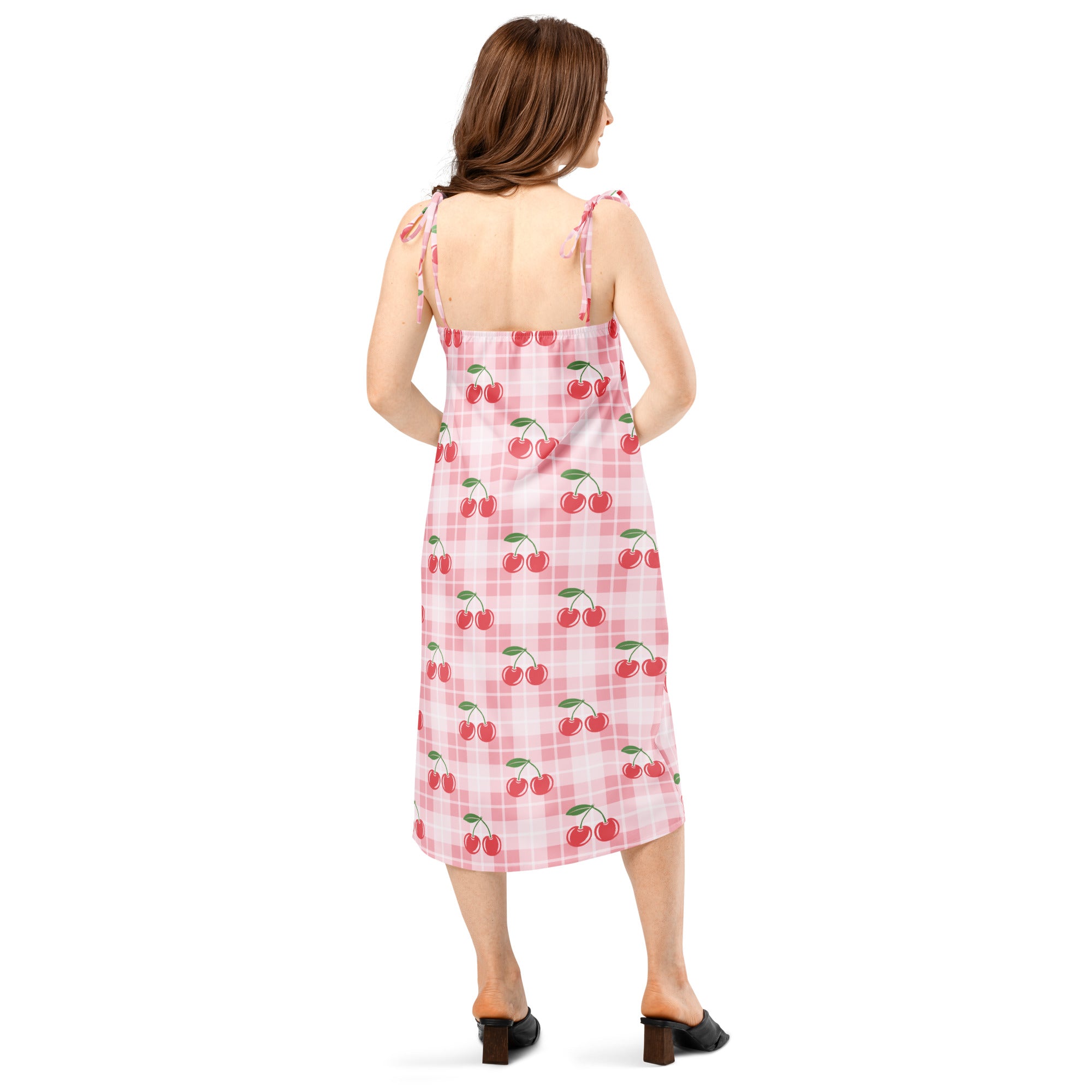 Women’s pink cherry print midi slip dress with gingham checkered pattern and adjustable tie straps with built in bra