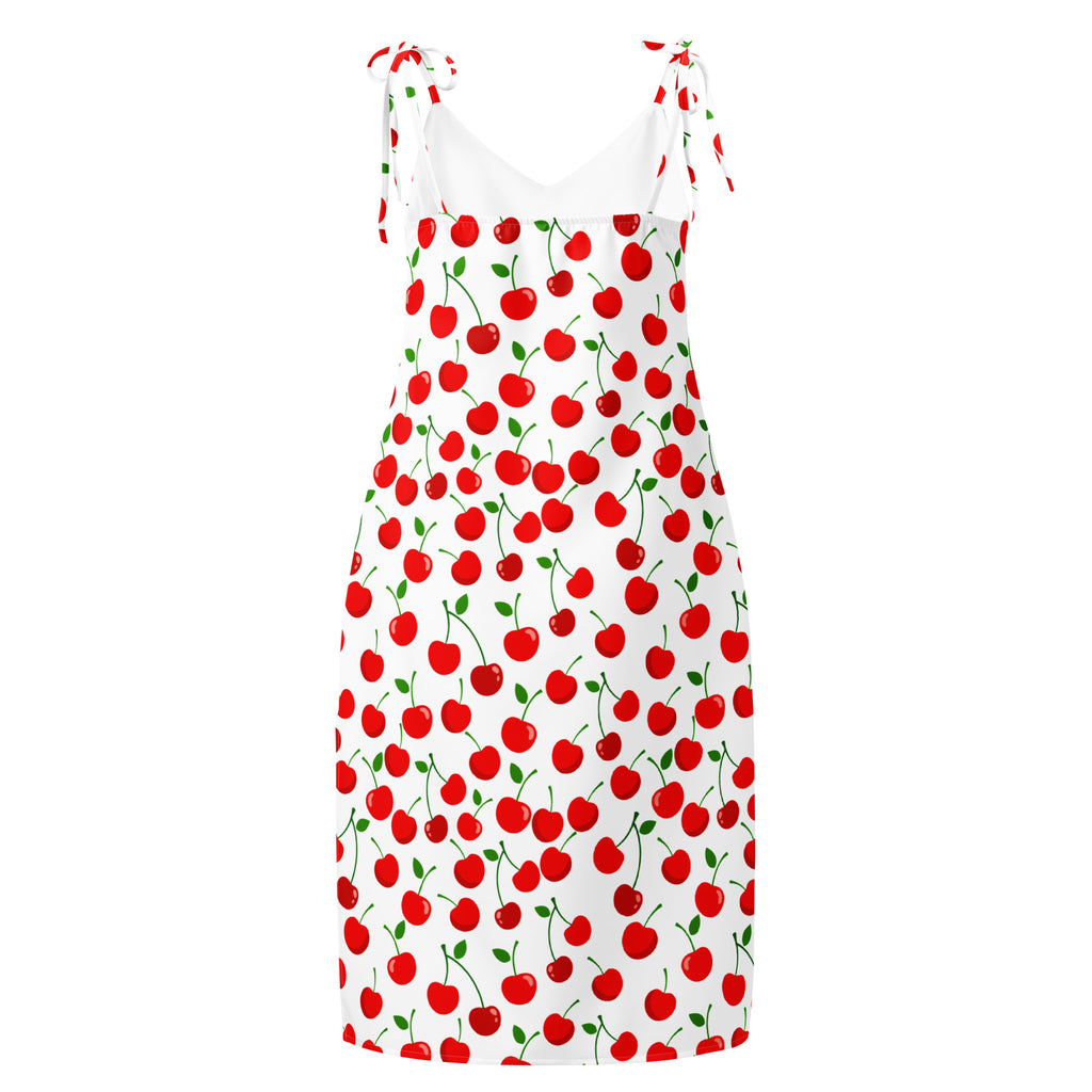 Women’s white cherry print midi slip dress with red cherries green stems adjustable tie straps and built in bra