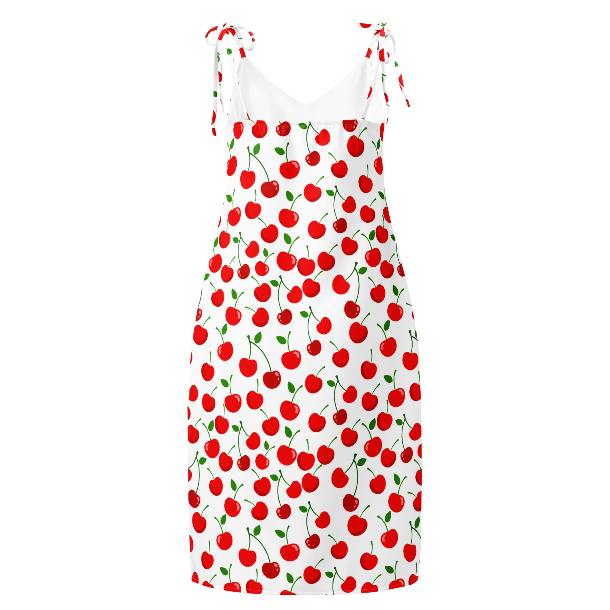 Women’s white cherry print midi slip dress with red cherries green stems adjustable tie straps and built in bra