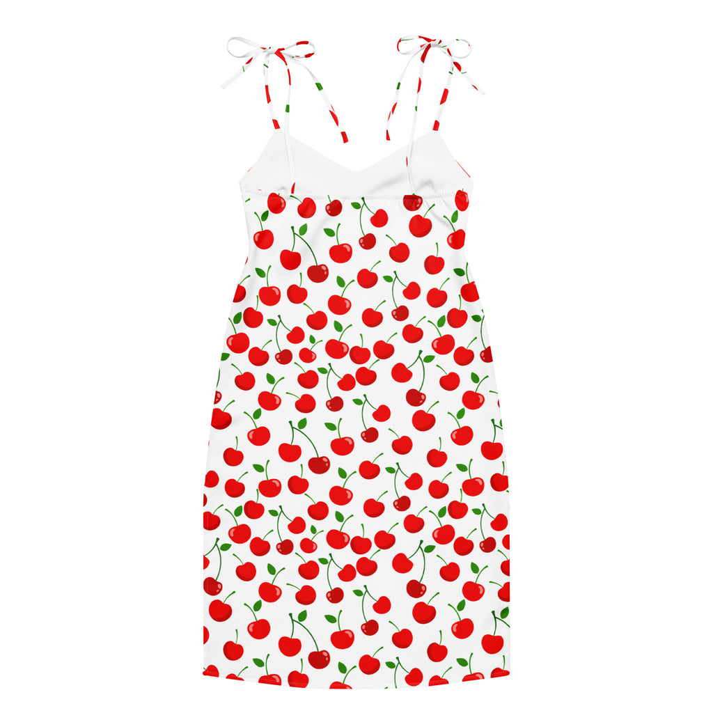 White cherry print midi slip dress with red cherries green stems adjustable tie straps and built in bra for women