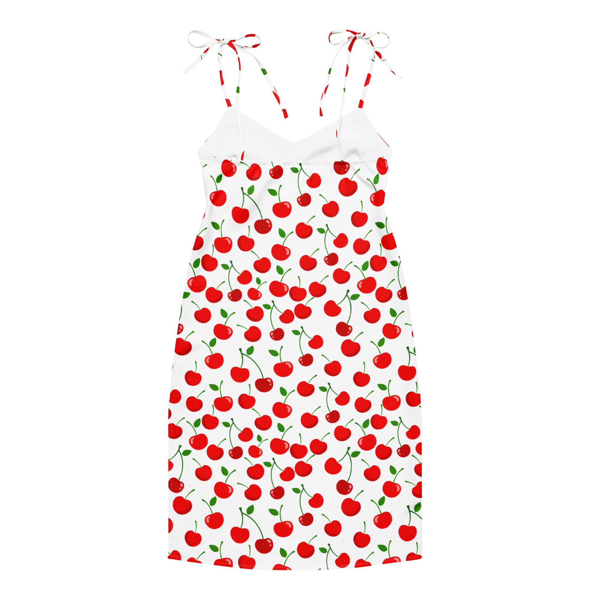 White cherry print midi slip dress with red cherries green stems adjustable tie straps and built in bra for women