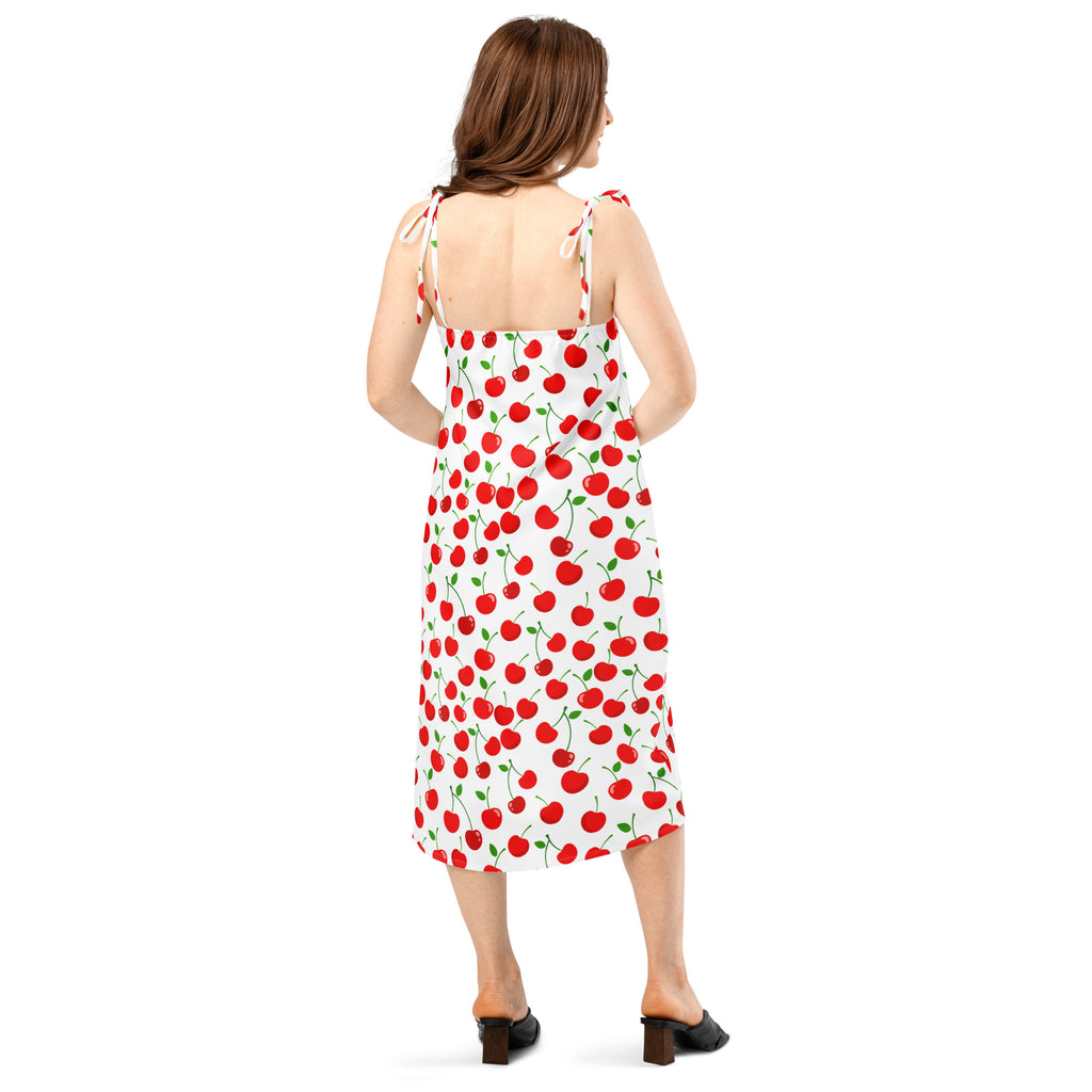 Women’s white cherry print slip midi dress with red cherries green stems thin adjustable tie-back straps and built-in bra