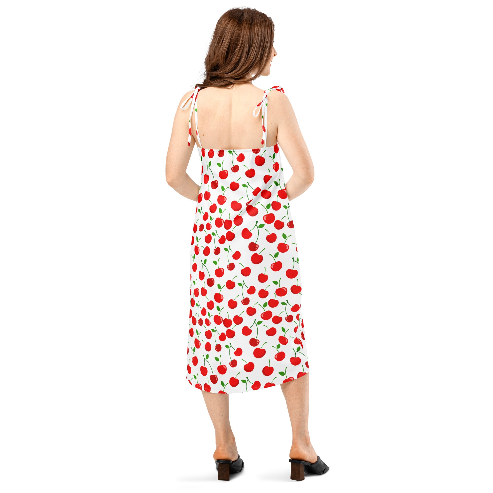 Women’s white cherry print slip midi dress with red cherries green stems thin adjustable tie-back straps and built-in bra