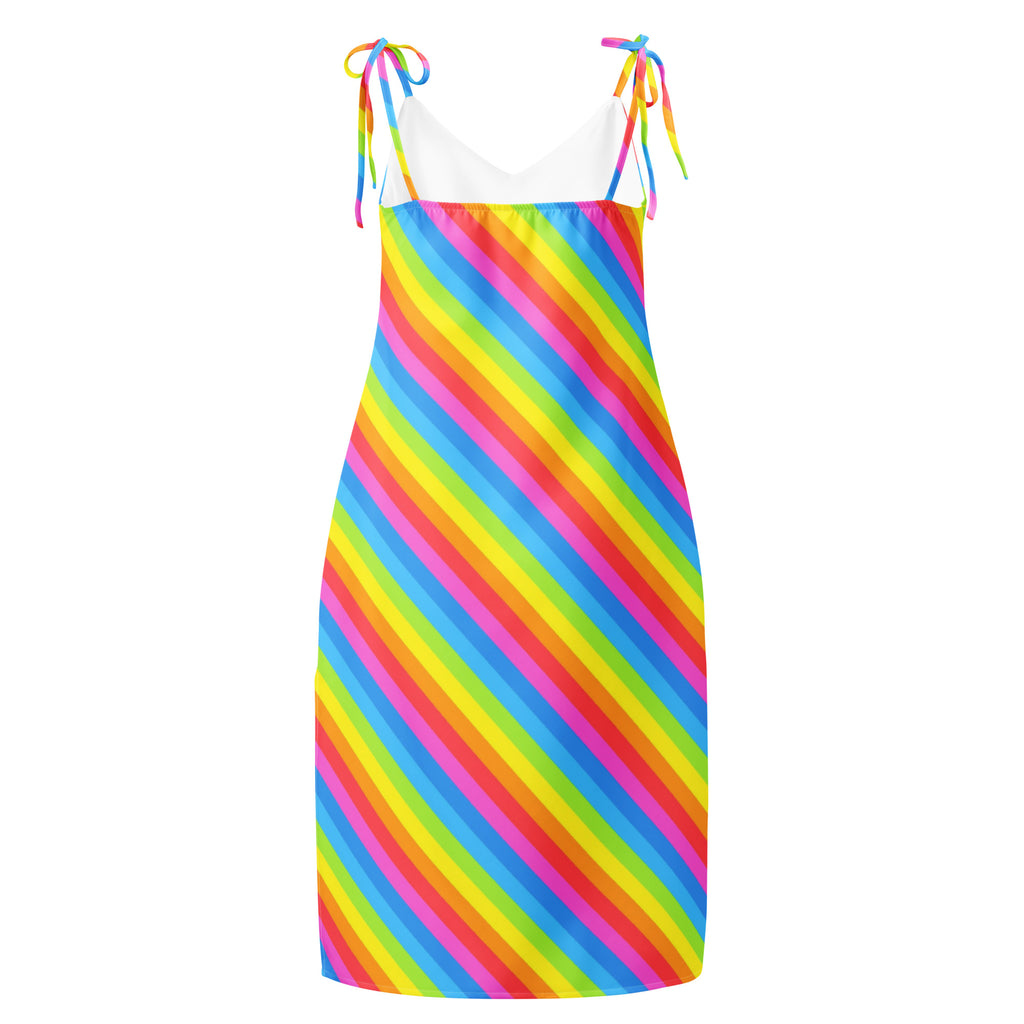 A vibrant rainbow stripe midi slip dress with adjustable tie shoulder straps and built-in bra for women