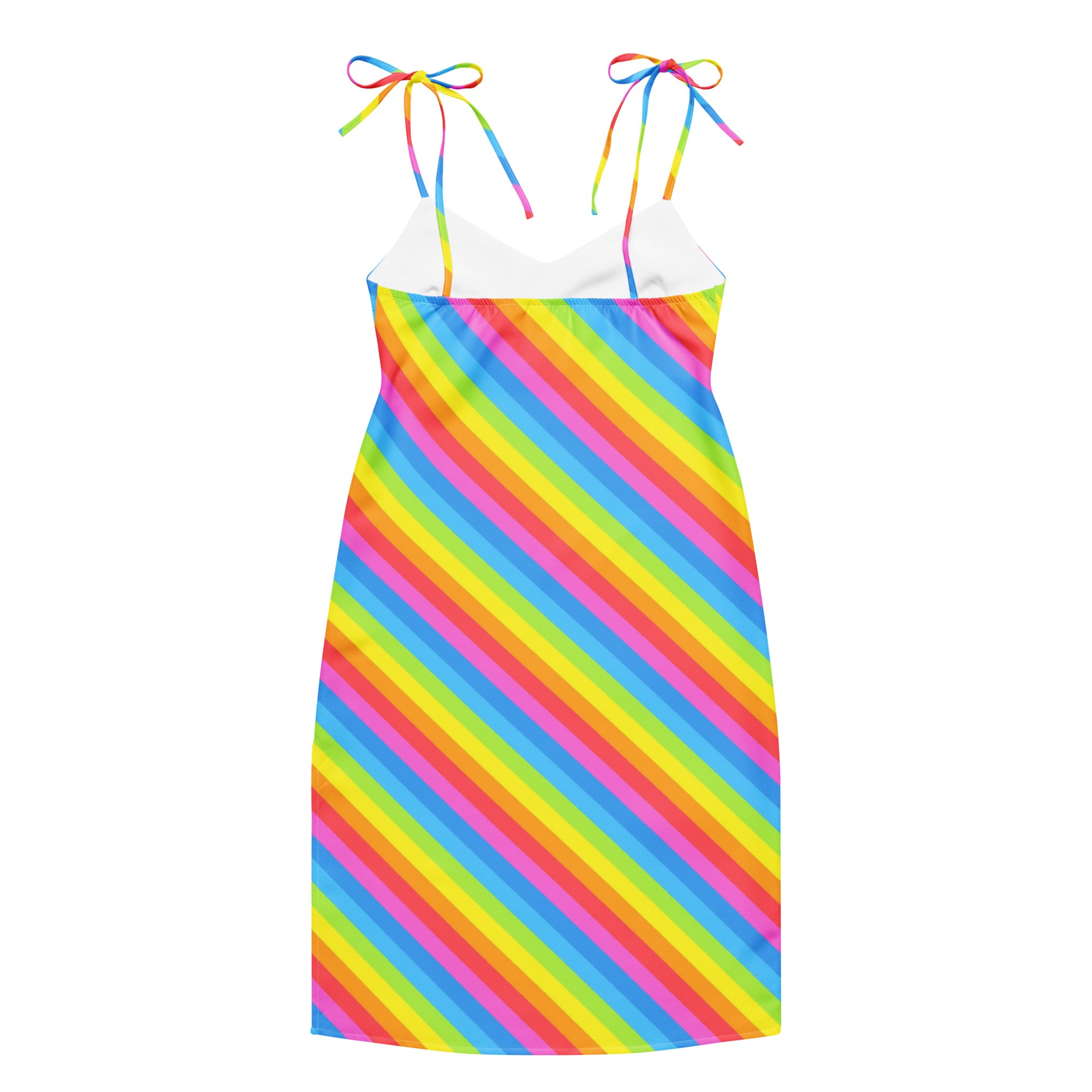 Women’s rainbow stripe slip midi dress with colorful tie-back straps and white built-in bra underlayer back view