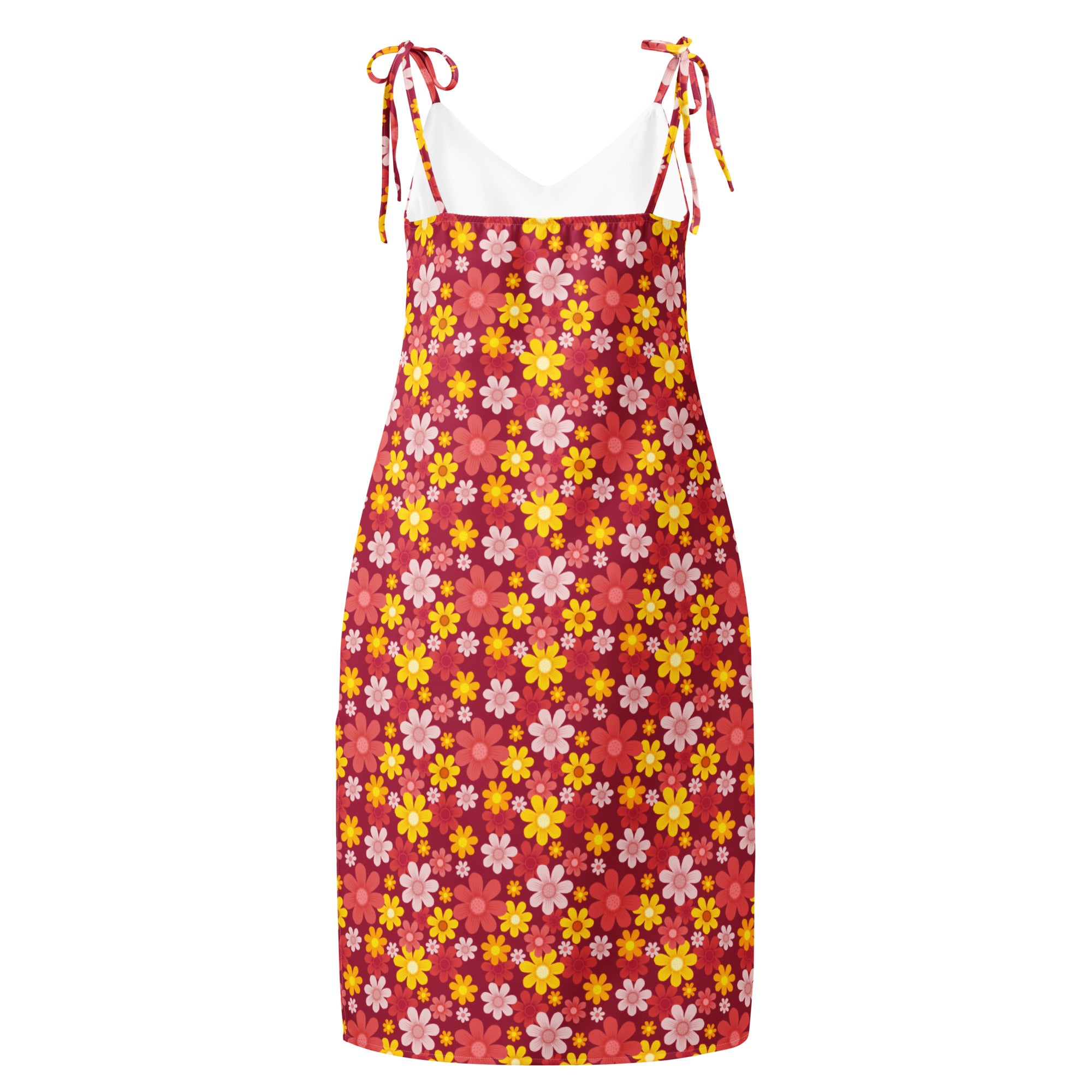 Women’s red floral slip dress with yellow and pink blossoms featuring adjustable tie straps and built in bra