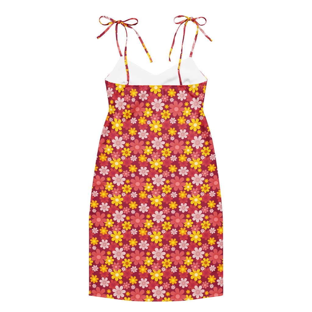 Women’s red floral slip midi dress with yellow pink blossoms and adjustable tie spaghetti straps with built in bra