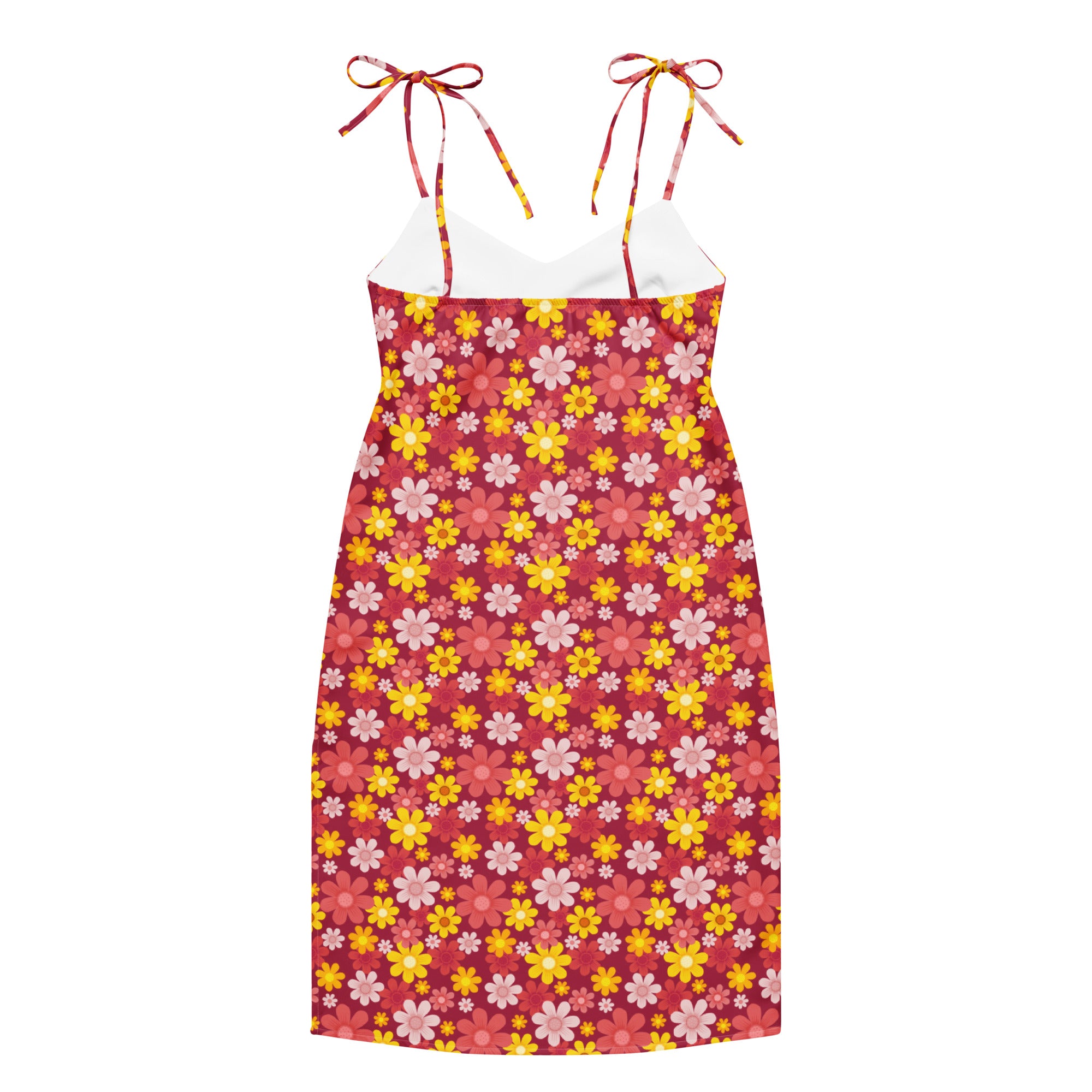 Women’s red floral slip midi dress with yellow pink blossoms and adjustable tie spaghetti straps with built in bra