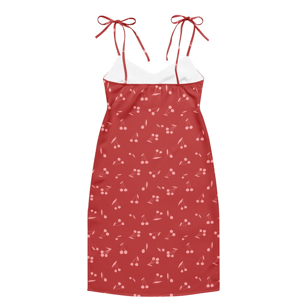Women’s cherry print slip dress midi with adjustable tie straps red fabric white inner lining and built in bra