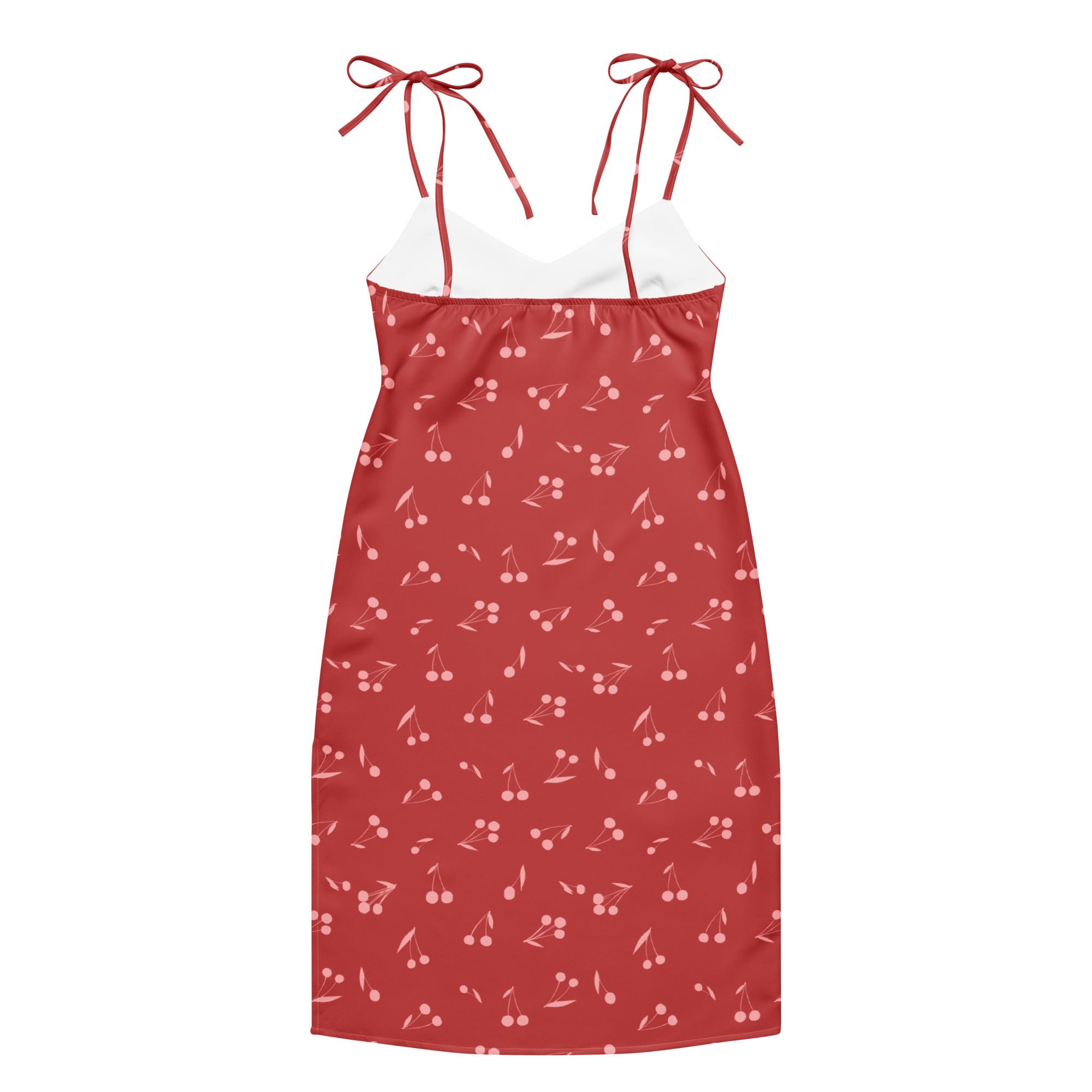 Women’s cherry print slip dress midi with adjustable tie straps red fabric white inner lining and built in bra